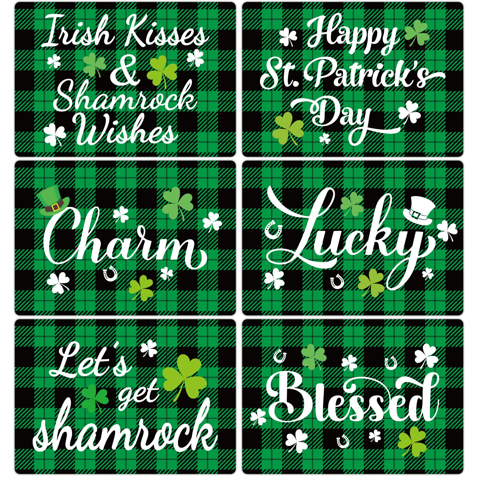 St. Patrick’s Day Placemats Set of 6 Buffalo Plaid Plastic Table Mats Lucky Shamrock Place Mats Blessed Holiday Table Decoration for Indoor Outdoor Party Kitchen Dining