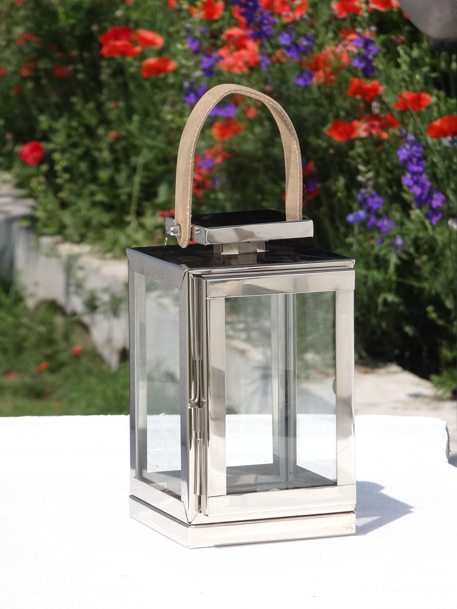 LYMPSTONE - Silver Pillar Tealight Candle Lantern - Stainless Steel with Leather Handle - Garden Patio Holder Table Wedding - Indoor Outdoor - 14 x 14 x 25c