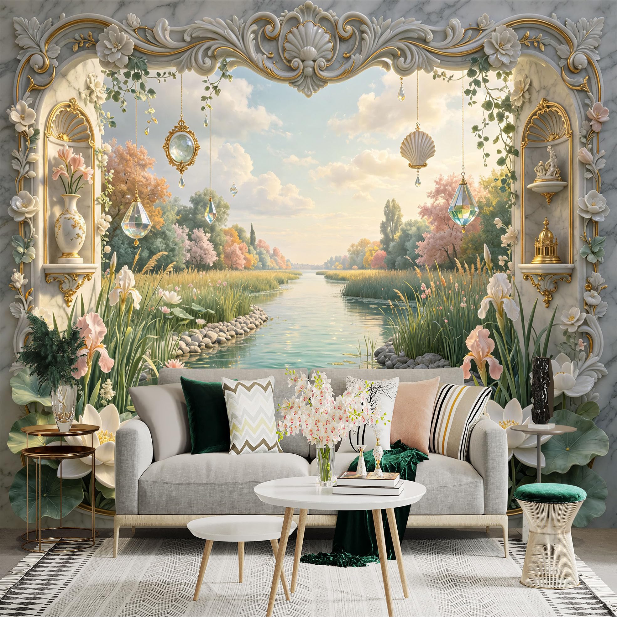 Lnzczhyre Bh260719371 Custom Size Wall Sticker Mural， Elegant Marble Archway， Serene River Landscape， Lotus Flowers And Hanging Ornaments， For Wall Decoration， Peelandstick Wall Decals.