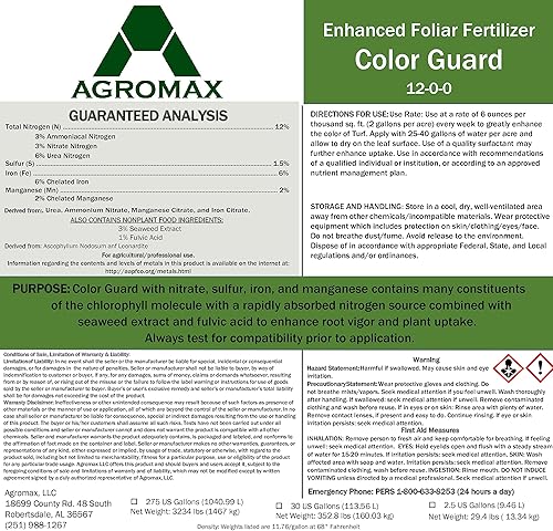 Miniatura 2 de AGROMAX - Protector de color 12 0 0 0 (2.5 galones) - Fertilizante de nitrógeno líquido mejorado con hierro quelado y micronutrientes (potenciador