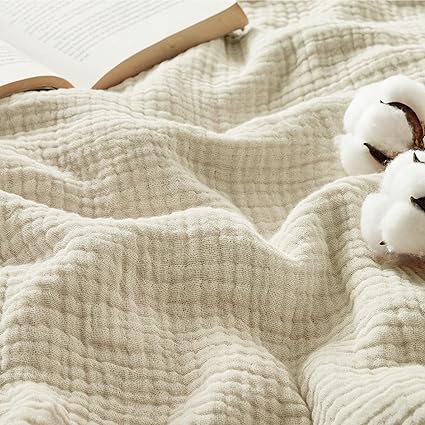 Bedsure 100% Cotton Muslin Throw Blanket Large 50x70 Inches - 4-Layer Breathable and Lightweight Thin Soft Summer Gauze Muslin Blankets for Adults, Linen Beige, Boho Cotton Throw for Couch