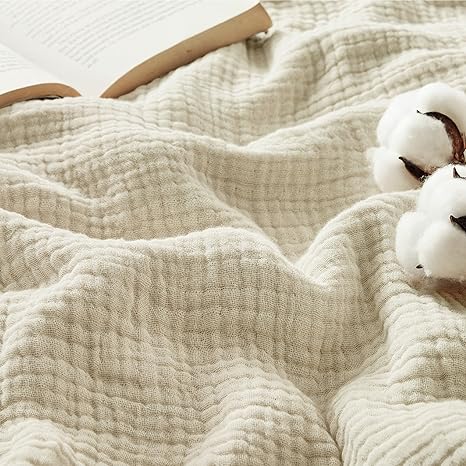 Bedsure 100% Cotton Muslin Throw Blanket Large 50x70 Inches - 4-Layer Breathable and Lightweight Thin Soft Summer Gauze Muslin Blankets for Adults, Linen Beige, Boho Cotton Throw for Couch