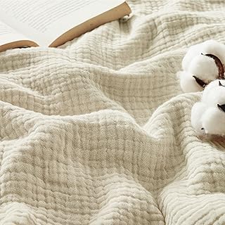 Bedsure 100% Cotton Muslin Throw Blanket Large 50x70 Inches - 4-Layer Br...