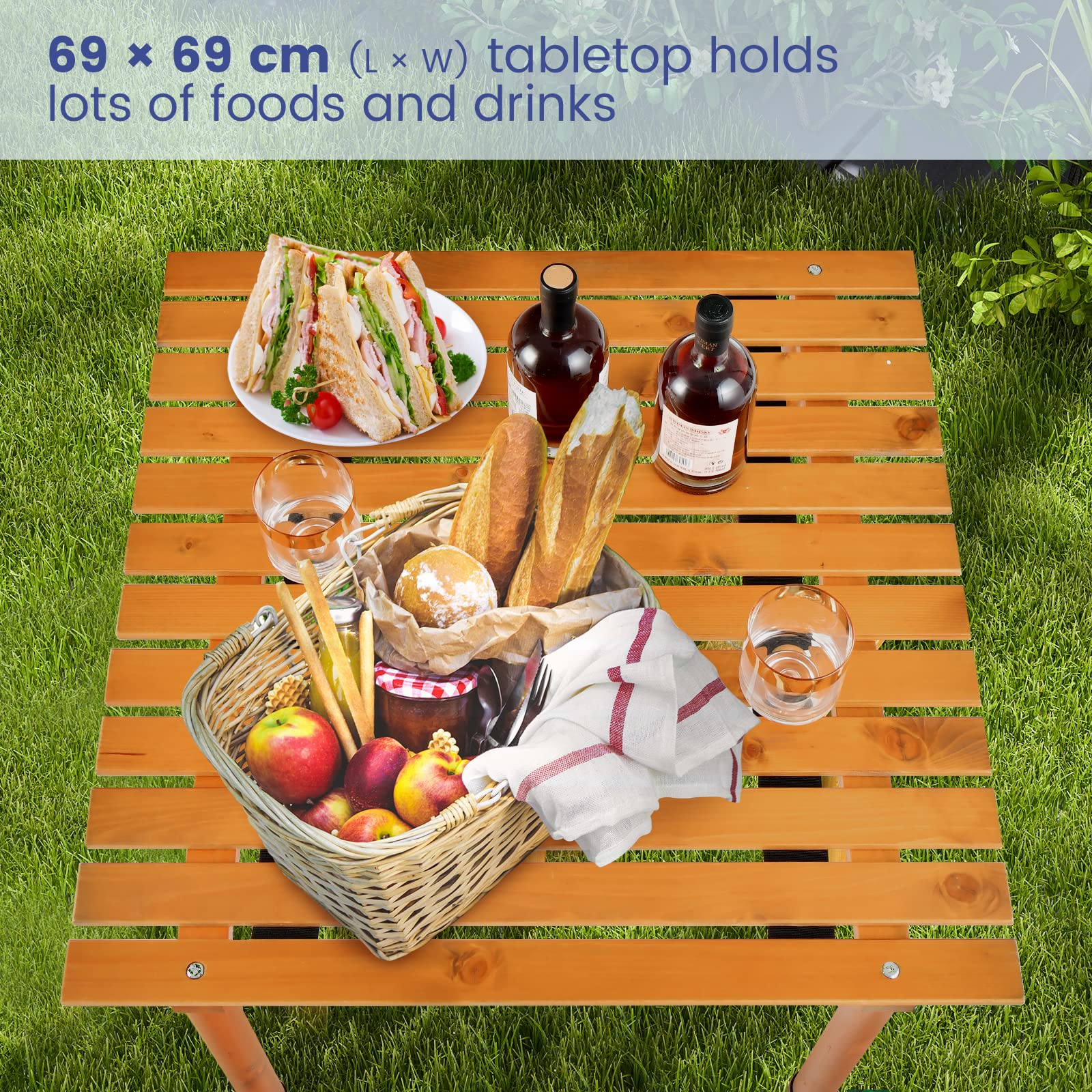 TANGZON Folding Camping Table, Roll Up Fir Wood Top Picnic Table with Carrying Bag, 4 Person Square Outdoor Portable Dining Table for Garden Cooking BBQ Fishing Hiking, 69 x 69 x 42cm (Natural)