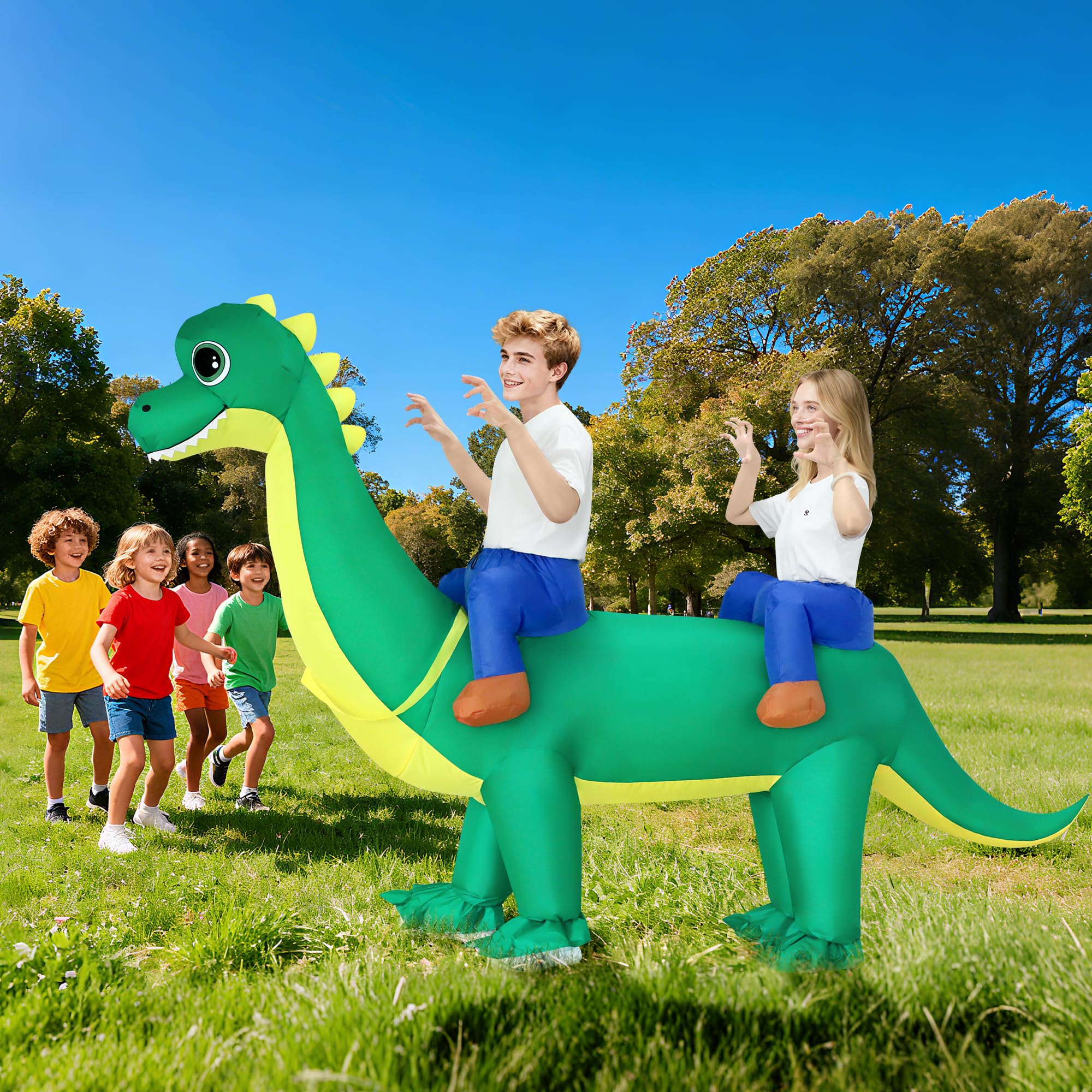 Disfraz Poptrend inflable de dinosaurio para pareja de adultos, disfraces hinchables de Halloween de 2 personas, graciosos disfraces de Brachiosaurus para montar, para hombres y mujeres, divertidos