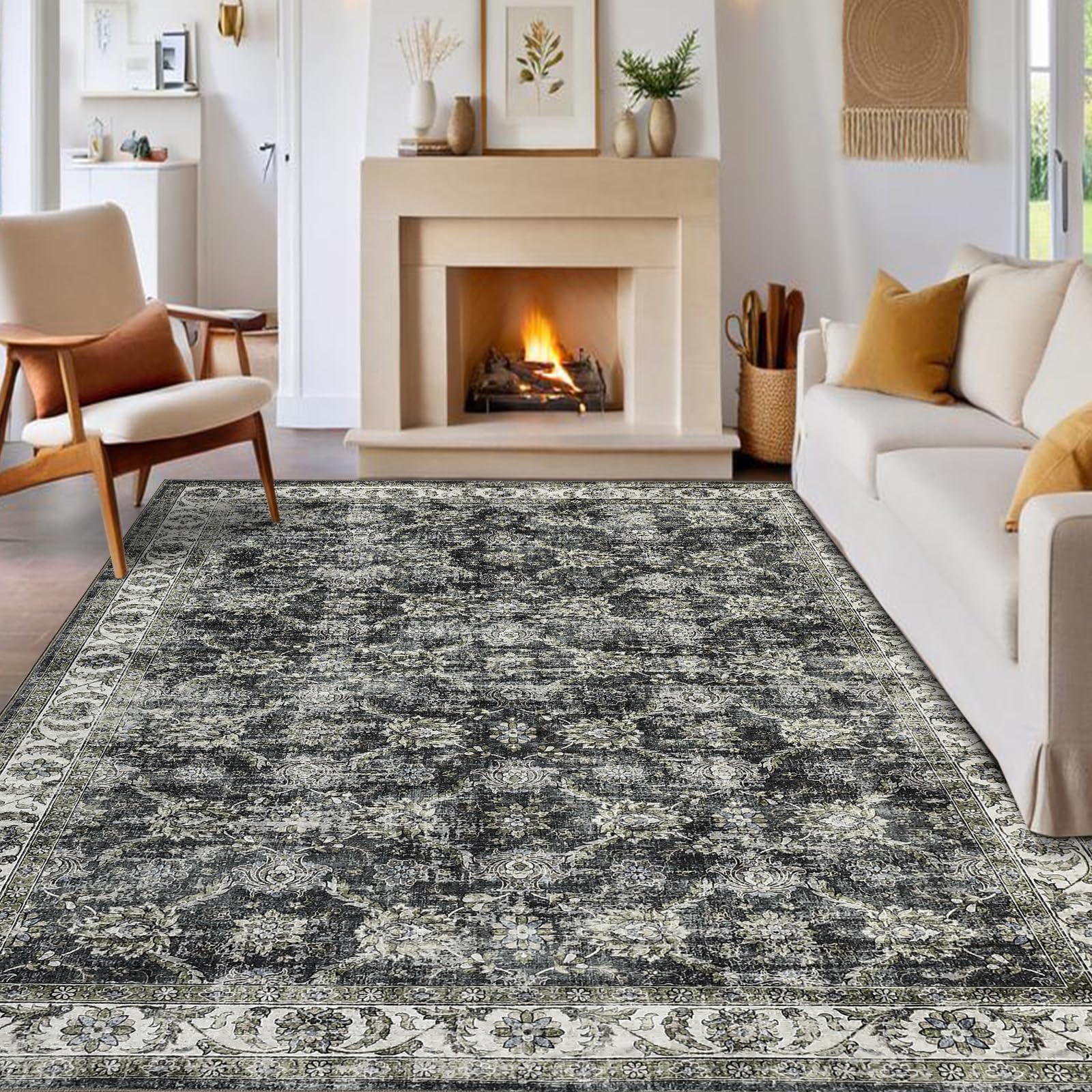 LuxFocus Machine Washable Rugs 120x170cm, Low-Pile Oriental Carpet Bedroom, Vintage Distressed Area Rug Living Room, Non-Slip Traditional Carpets for Dining Room Home Office, Grey