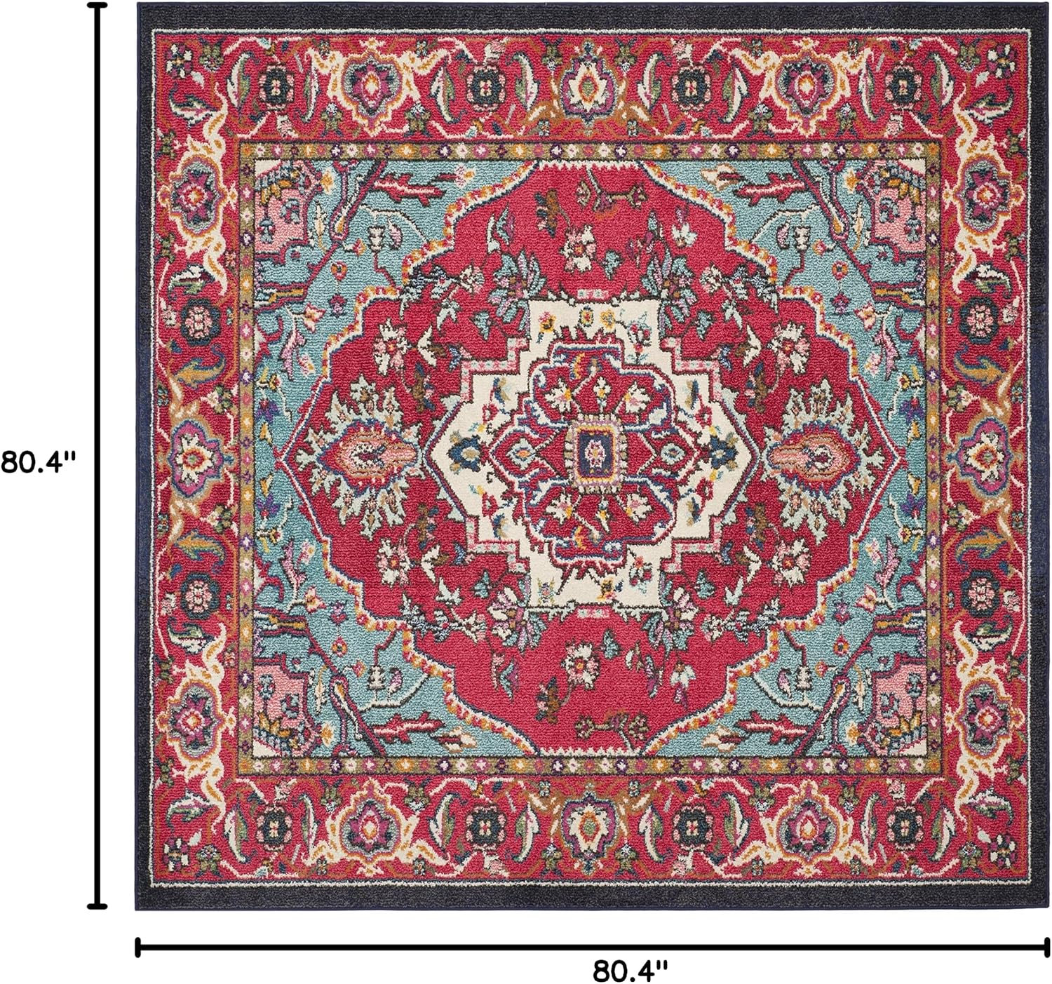 SAFAVIEH Monaco Collection Area Rug - 6'7" Square, Red & Turquoise, Boho Oriental Medallion Design, Non-Shedding & Easy Care, Ideal for High Traffic Areas in Living Room, Bedroom (MNC207C)