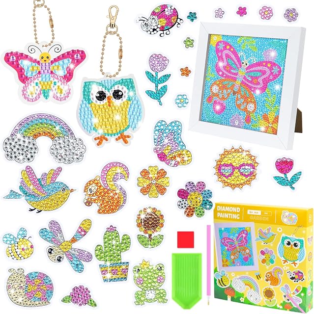 SelfTek Diamond Art Kits for Kids, DIY 5D Diamond Gem Painting by Numbers with Picture Frame, 2 Pcs Keychains and 25 Pcs Animals Stickers Diamond Arts and Crafts for Kids Beginners
