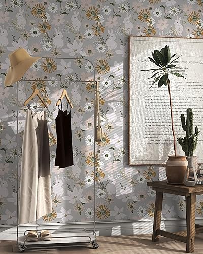 Miniatura 2 de Papel tapiz autoadhesivo con diseño de conejo, estilo bohemio, 17.3 x 197 pulgadas, papel de contacto con flores vintage, hojas extraíbles,