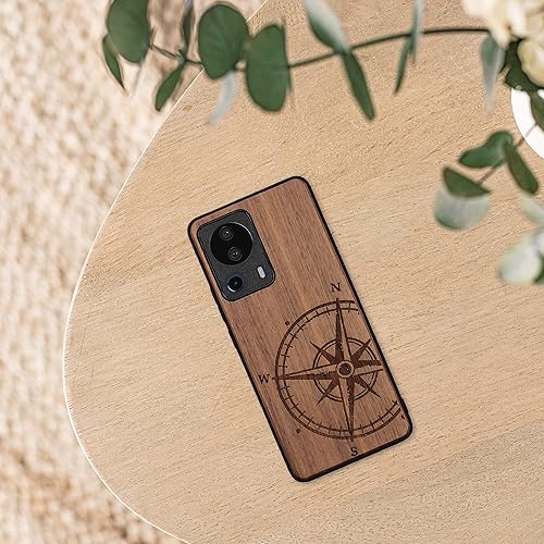 Miniatura 6 de kwmobile Funda de madera compatible con Xiaomi 13 Lite 5G - Funda - Brújula de navegación marrón oscuro