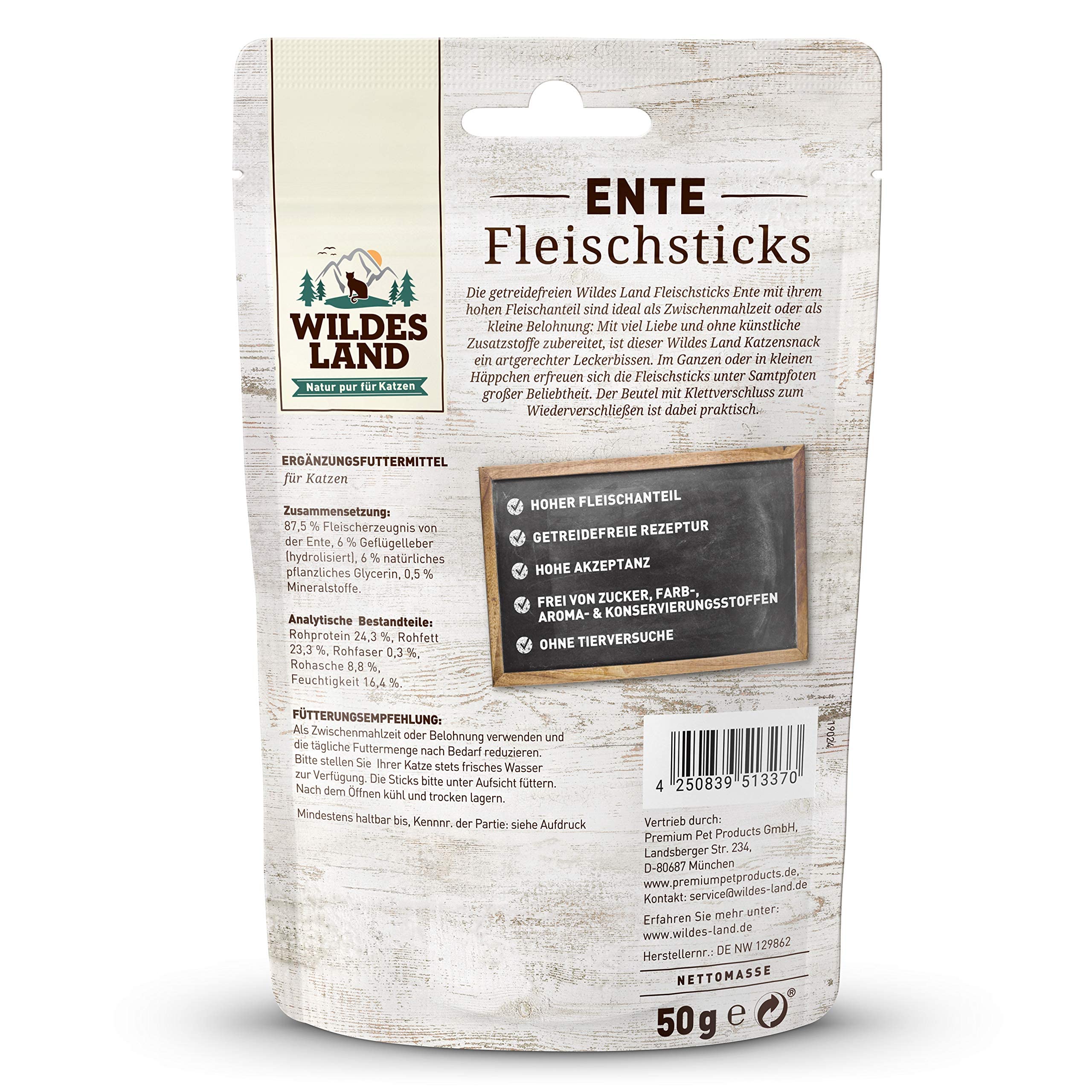 WILDES LAND – Fleischsticks Ente | Katzensnack mit natürlichen Zutaten und extra hohem Fleischanteil für ausgewachsene Katzen. Getreidefreier Snack ohne Zusatzstoffe im Beutel | 9x50g Ente
