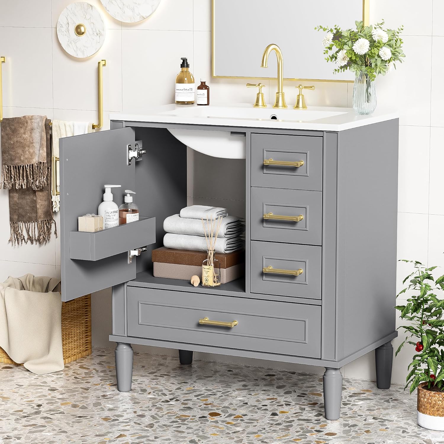 Merax 30" Bathroom Vanity with Sink, Floor Standing with 3 Drawers, Soft Close Doors with Long Gold Metal Handles, Perfect for Small Bathrooms, Gray