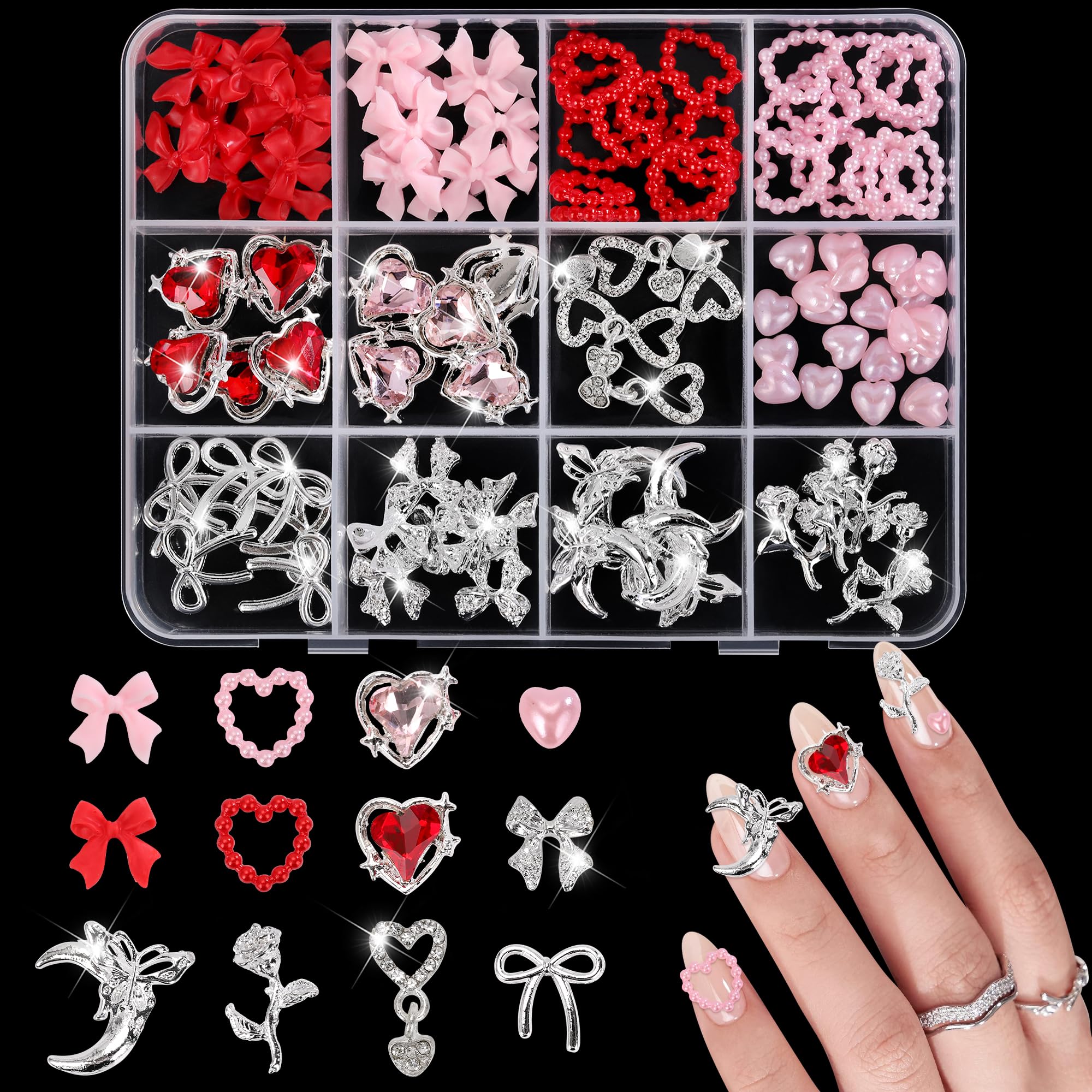 110 ciondoli e gemme rosa 3D per unghie, fiocchi e cuori rossi + fiori 3D argento per unghie con strass, perle, diamanti per decorazione unghie Y2K B
