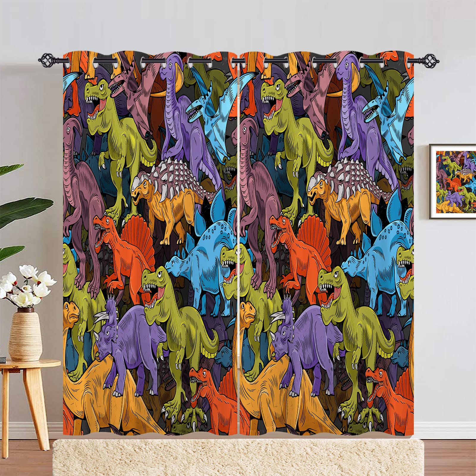 ANHOPE Dinosaur Curtains Eyelet 80% Blackout Curtains with Jurassic Animal Dino Print Pattern Thermal Soundproof Decorative Window Drapes for Kids Boys Girls Bedroom Living Room 55 x 72 Inch 2 Panels โ image 1