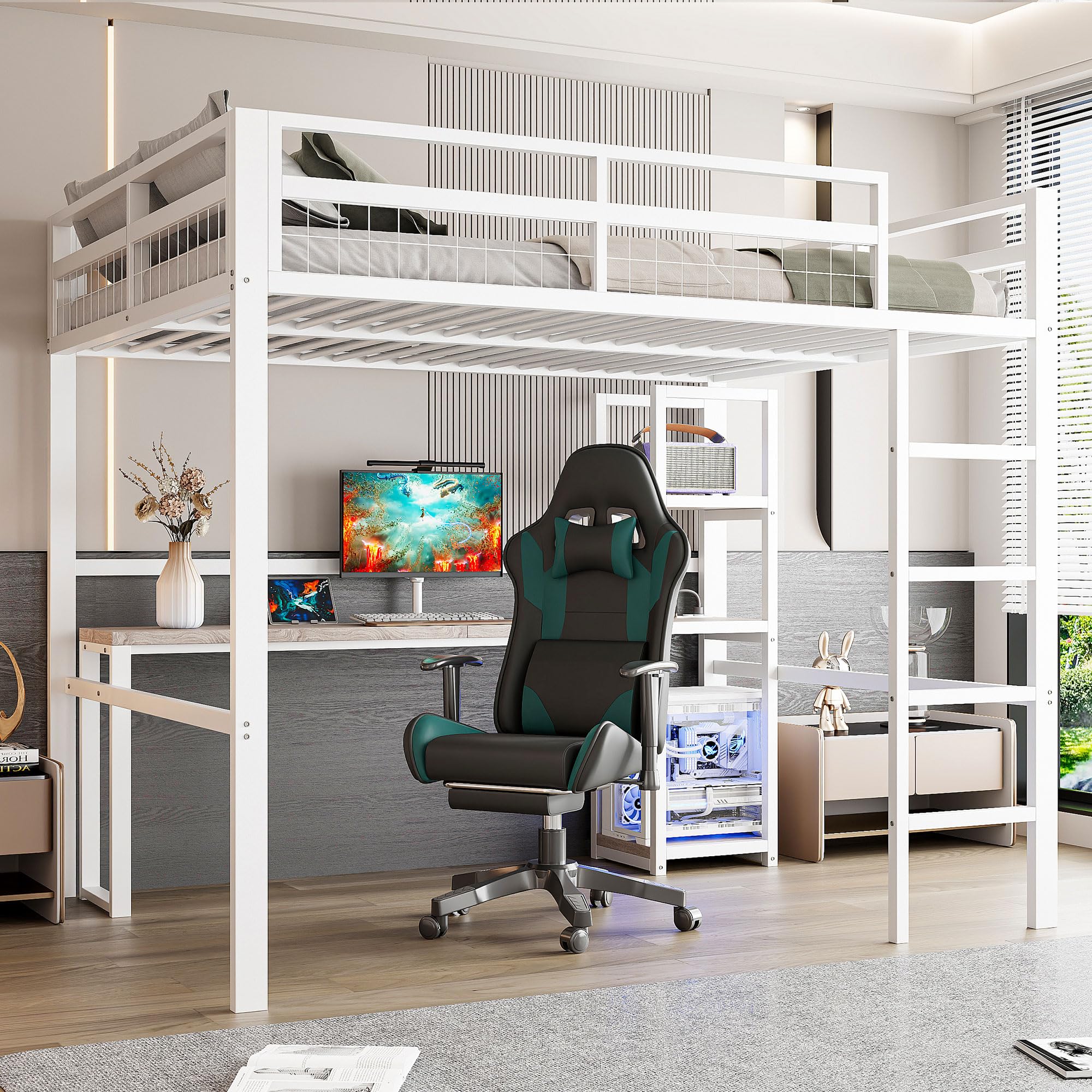 Letto a soppalco in metallo, 140 x 200 cm, scrivania con presa e scaffale, con ricarica USB + Type-c, per bambini, ragazzi e adulti, letto a castello, senza materasso (bianco)
