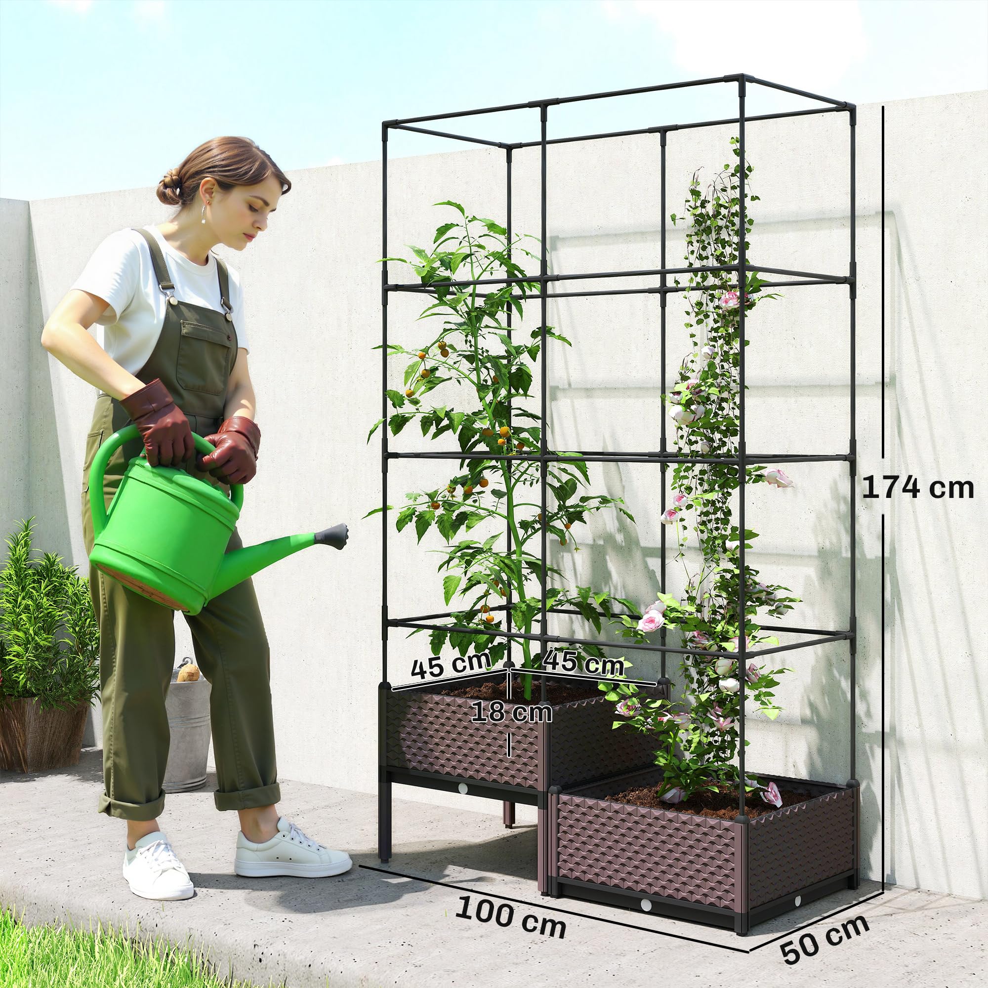 Outsunny Jardinera con Enrejado Metálico, Jardinera Exterior Grande para Plantas Trepadoras, 2 Macetas de PP con Orificios de Drenaje, Tapones, Macetero Elevado para Jardín Patio, 100x50x174 cm, Negro