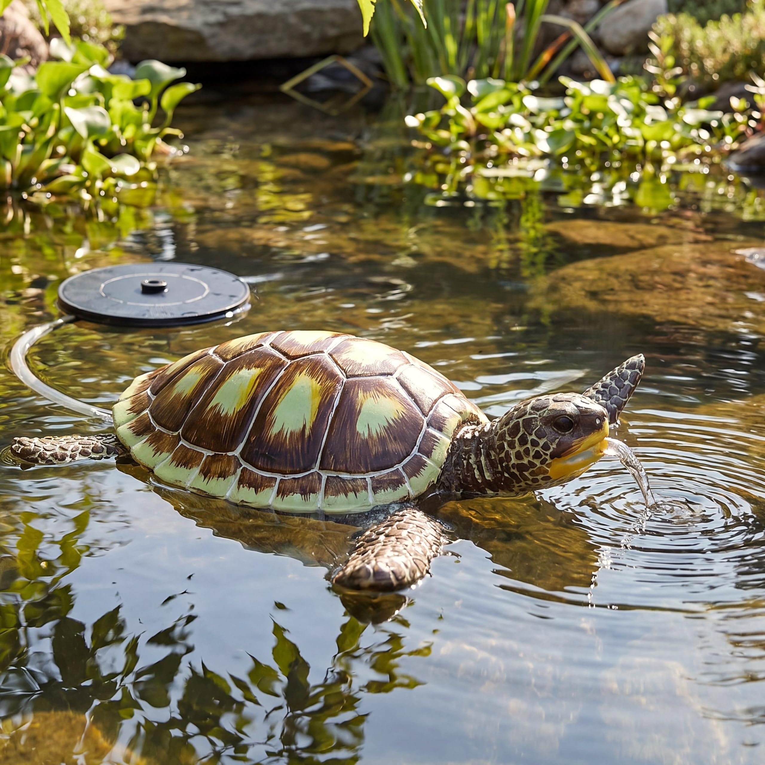 Wasserspeier Schildkröte schwimmend Solar Wasserspiel Teichdekoration Springbrunnen Teichfigur Gartendeko 20x21x6 cm