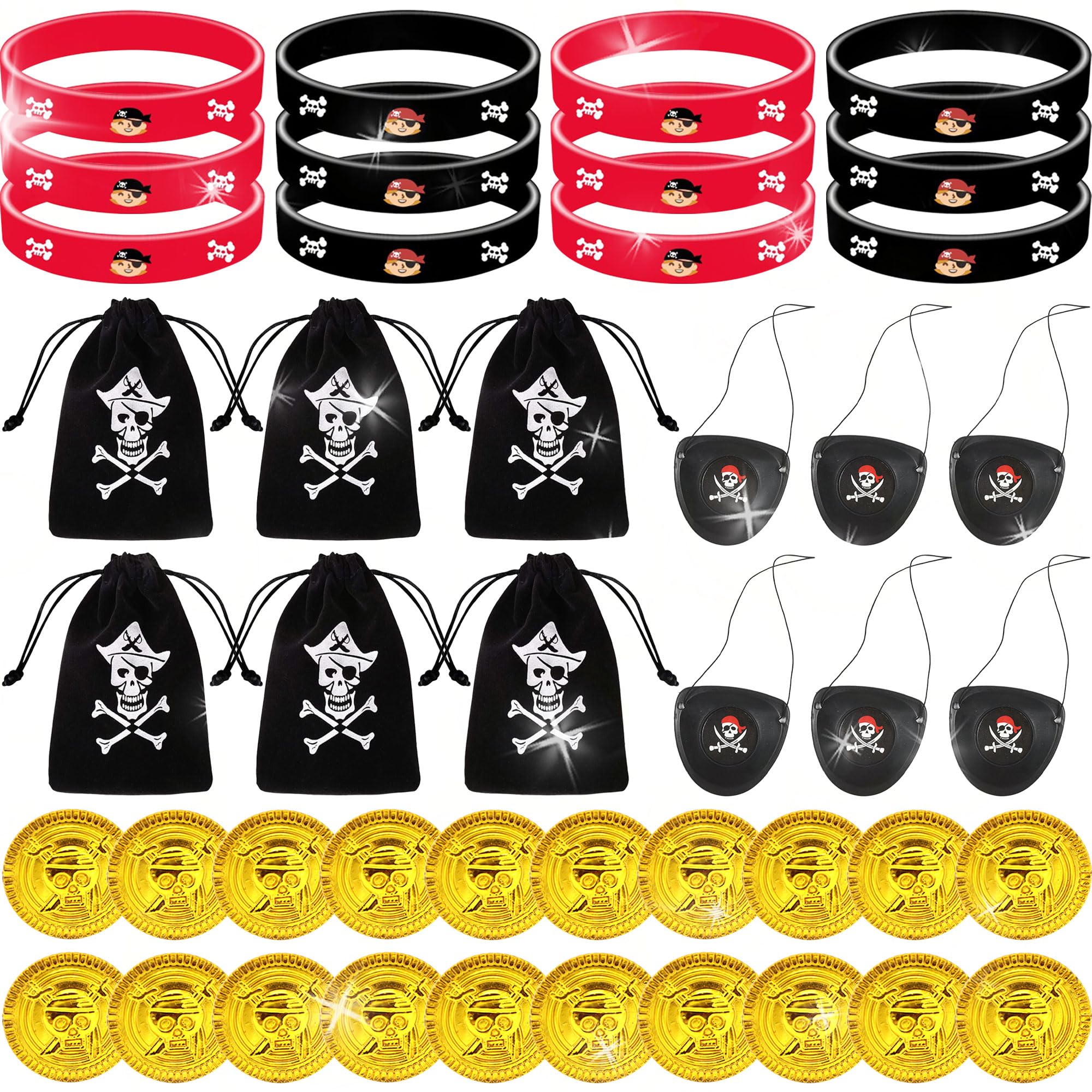 BACH AND BOUJEE 44PCS Pirate Party Bags Bag Fillers Pirate Accessories Ring Stickers Slap Bracelets Pirate Treasure Hunt Theme Game Pirate Party Supplies