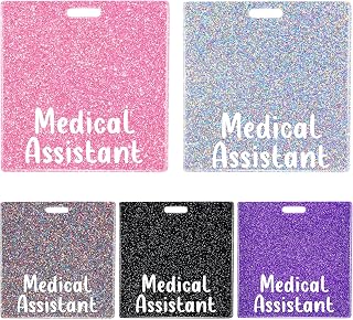 5 PCS Medical Assistant Badge Buddy Card Holder - Nurse Nursing Accessories MA Glitter Pink Black Colors Purple Sliver Horizontal ID Name Identification Tags for Hospital Medical Student Work