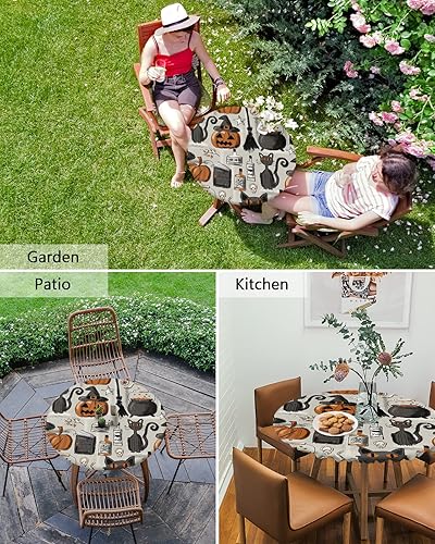 Miniatura 6 de Mantel redondo ajustable de Halloween para mesas de comedor, mantel elástico con bordes de dibujos animados, calabazas, gatos, impermeable, a prueba