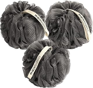MainBasics Charcoal Infused Bath Shower Loofah Sponge Pouf Body Wash Scrubber (Set of 3)
