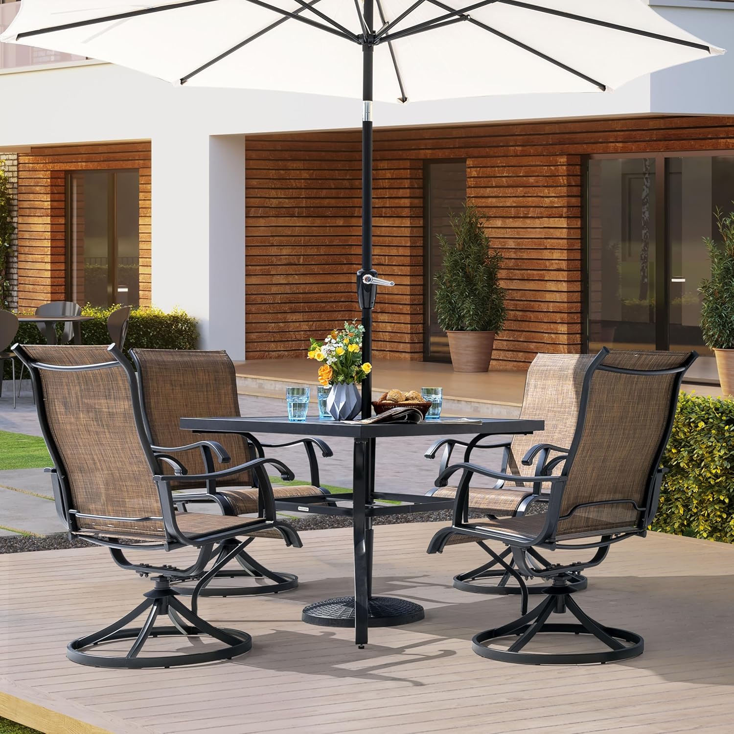 Detailed view of the table features including slatted tabletop, umbrella hole, reinforced edges, fixed holder, bowed legs, and adjustable knobs