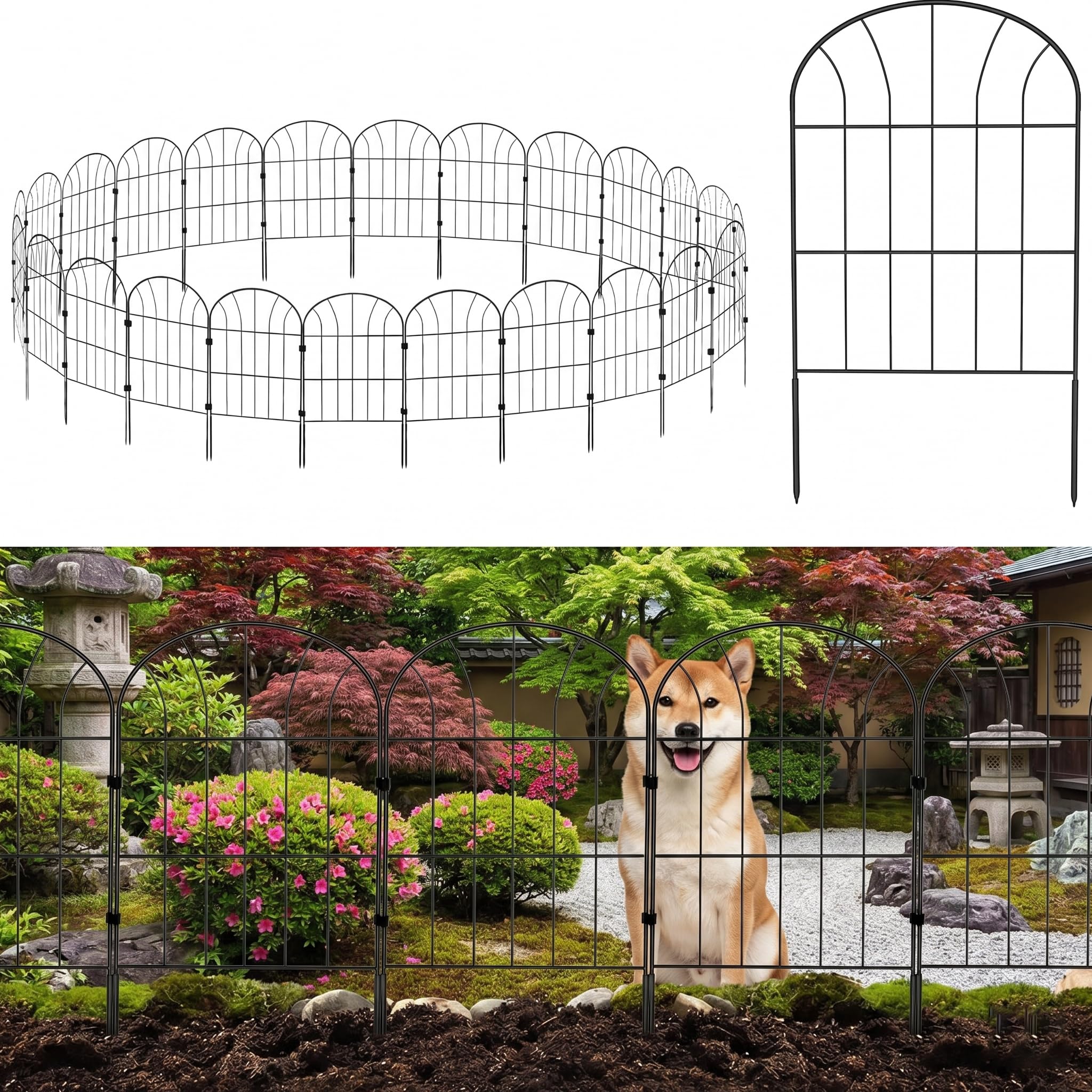 ガーデンフェンス 25枚 アイアンフェンス セットブラック 防錆 耐久性 植物や花を保護 花壇 菜園 柵 塀 庭 犬 ガーデン 仕切り簡単設置 高さ0.6m×長さ0.32m 全長8m 日本語説明書付き