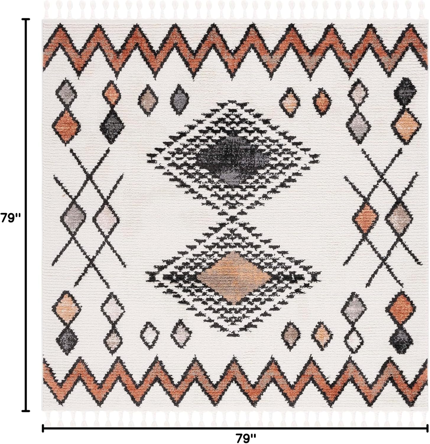 SAFAVIEH Moroccan Tassels Collection Area Rug - 6'7" Square, Ivory & Orange, Modern Boho Rustic Design, Non-Shedding & Easy Care, Ideal for High Traffic Areas in Living Room, Bedroom (MRT105A)