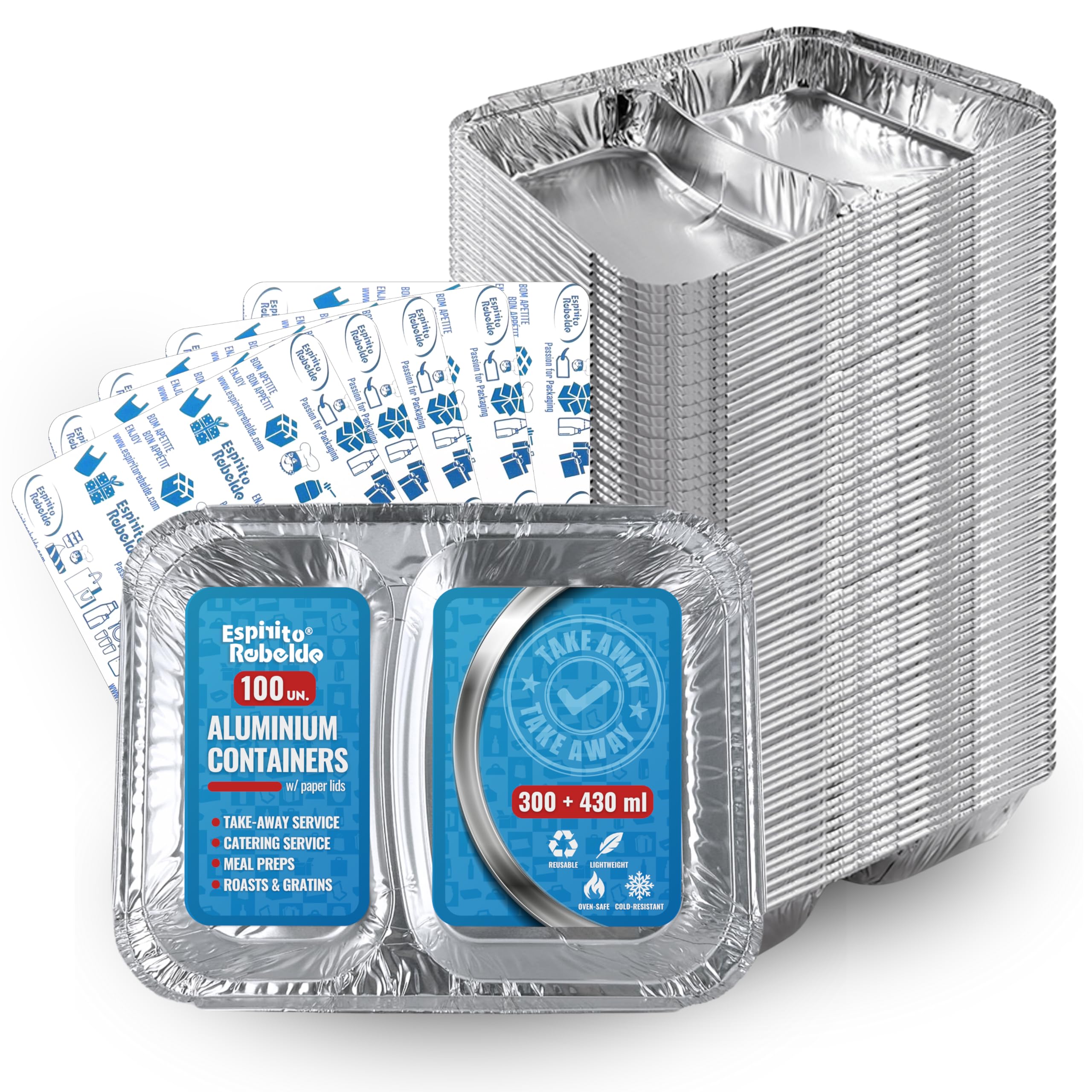 Set di 100 vassoi in alluminio con coperchio alimentare usa e getta, 300 ml+430 ml, confezione per alimenti perfetta per barbecue, trasporto di cibo, cucina o congelamento
