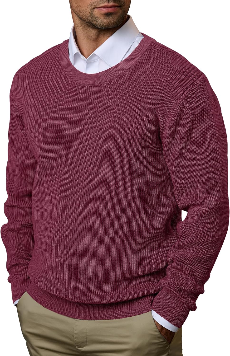 Mens Waffle Dress Sweater Loose-Fit Knit Textured Stretch Pullover Top (S-XXL)