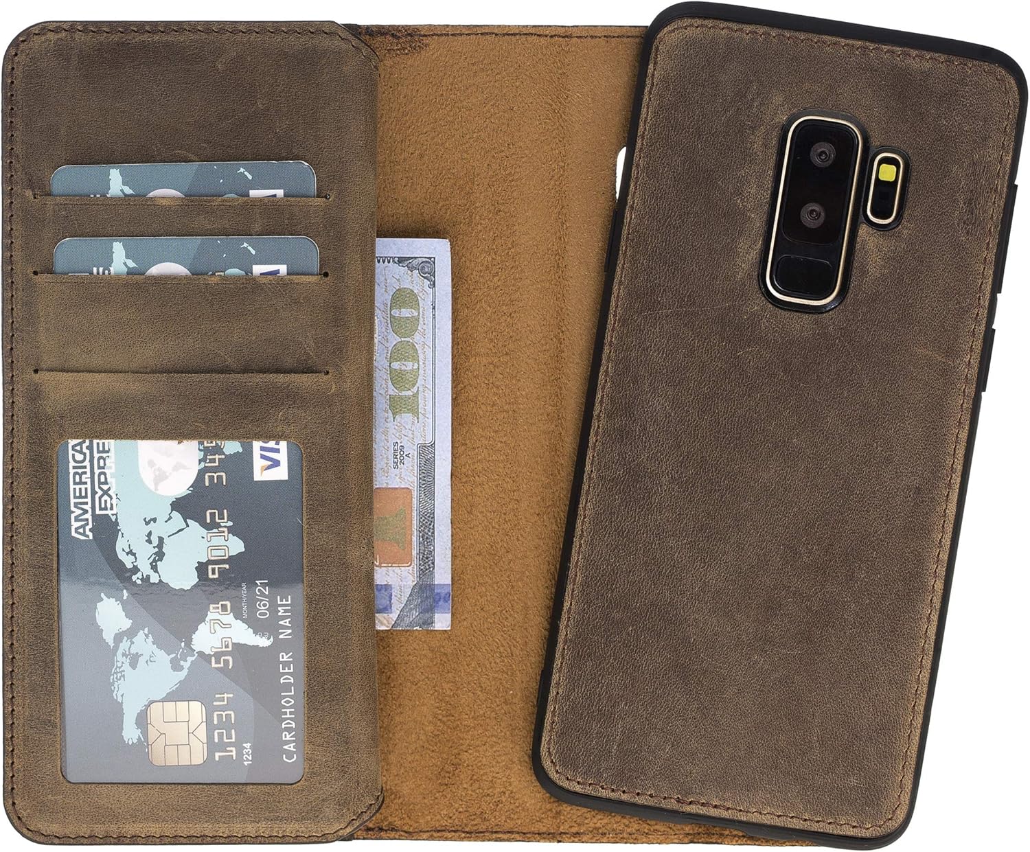 HARDISTON Genuine Premium Leather Handmade Case for Samsung Galaxy S9 - Double Folio Card Holders - Detachable Magnetic Flip Cover - Horizontal Kickstand - Protection for All Edges (Camel)