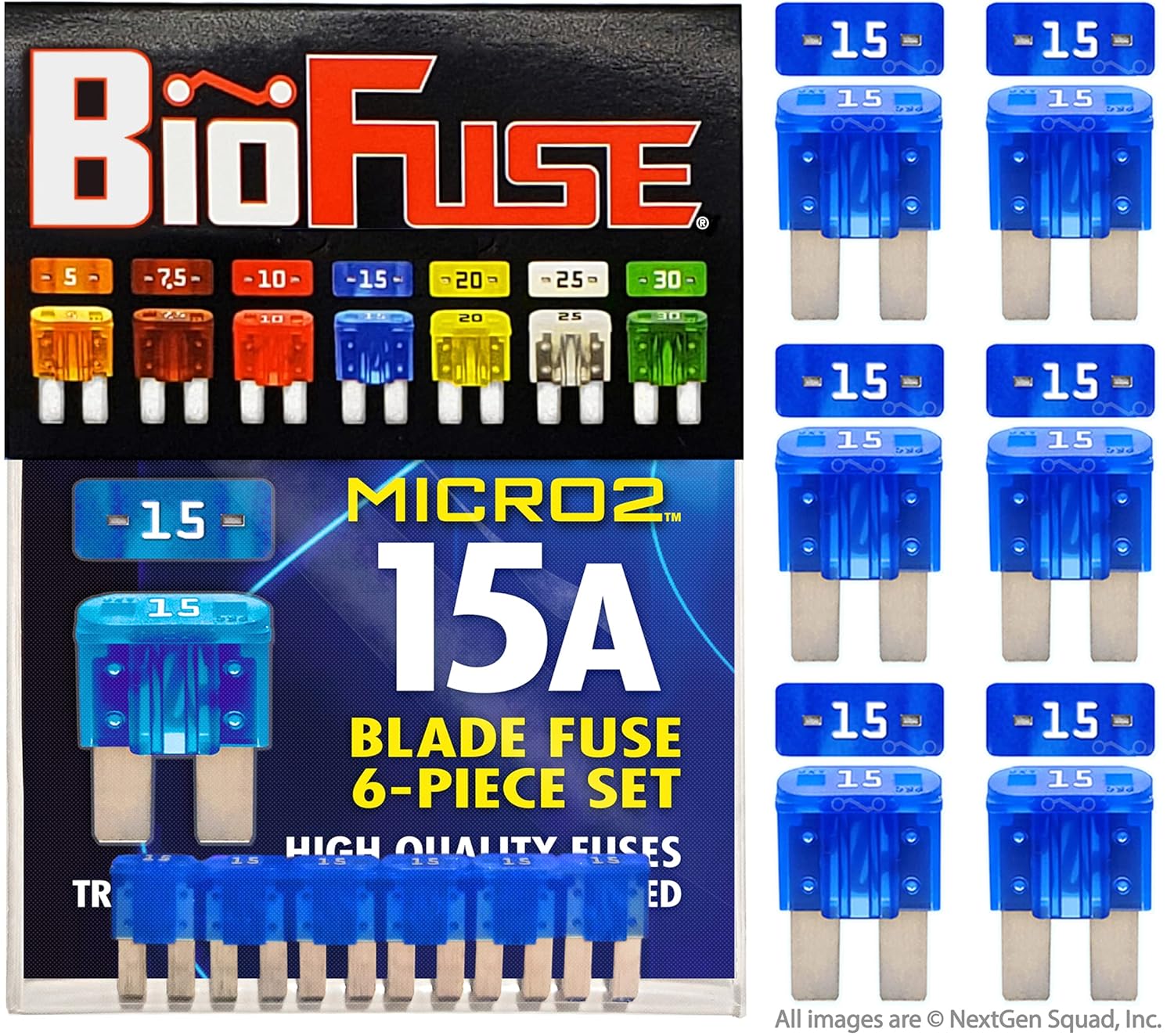 BioFuse Micro2 APT ATR 6Piece 15A Automotive Car Fuses (Set of 6 Micro