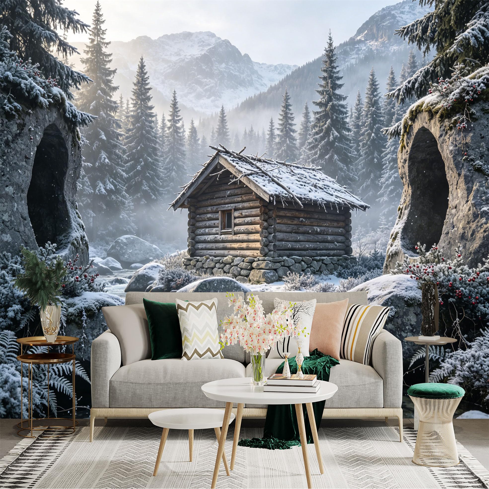 Custom Size Wall Sticker Mural， Snowy Cabin in Winter Forest with River and Mountains， for wall Decoration， peelandstick wall Decals.