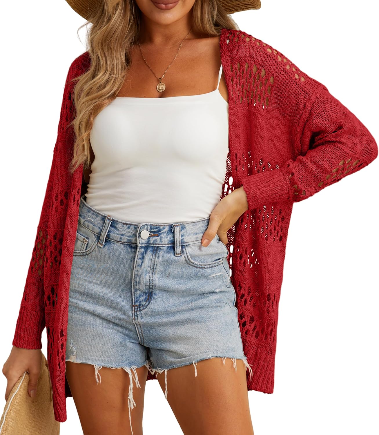 GRECERELLE 2025 Women Summer Crochet Boho Long Sleeve Lightweight Oversized Open Front Cardigan Sweaters Kimonos Tops