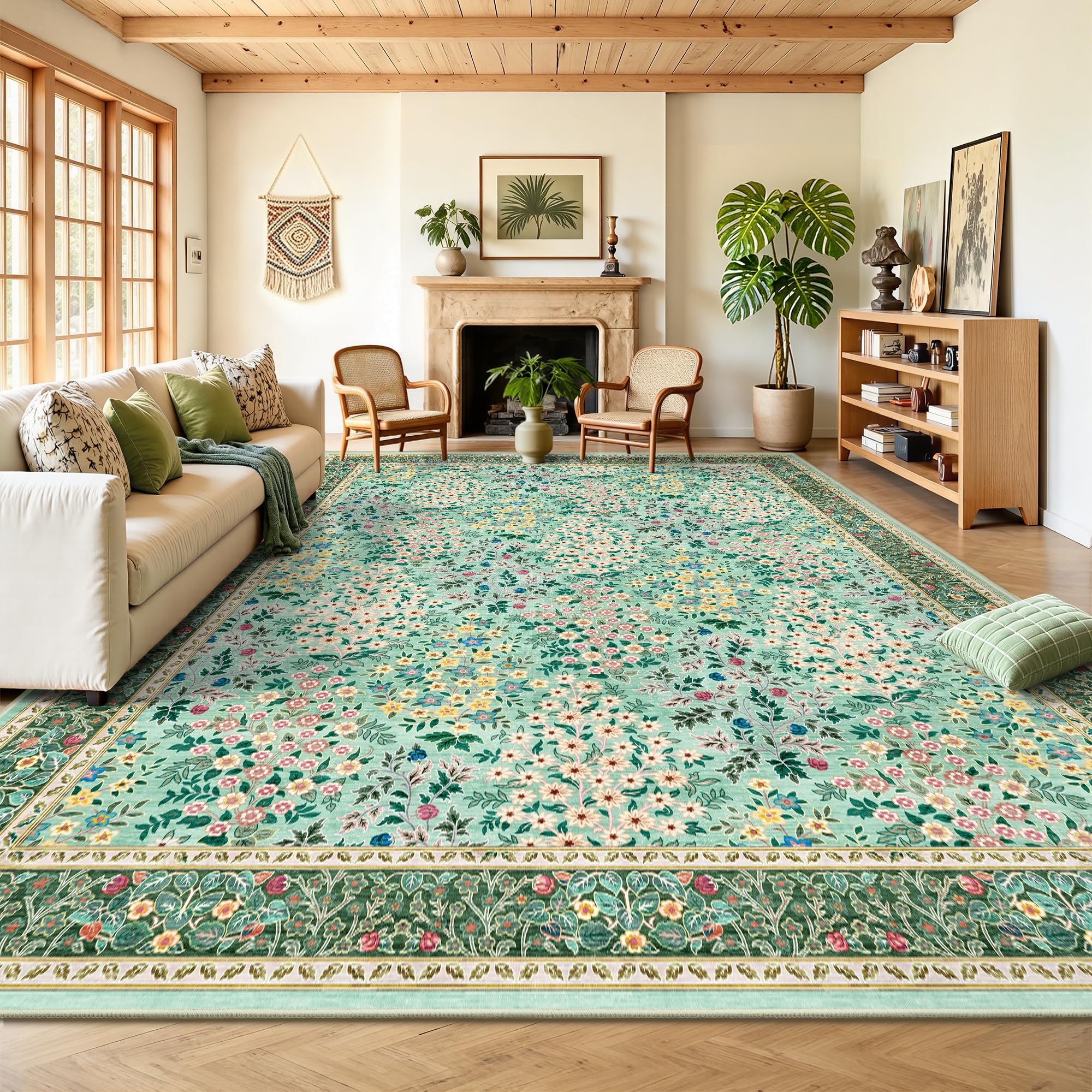 Photo 1 of Yarooge 8x10 Area Rugs, Machine Washable Low Pile Floral Rugs for Living Room, Bedroom, Large Boho Area Rug with Non-Slip Backing for Dining Room(Green Floral)