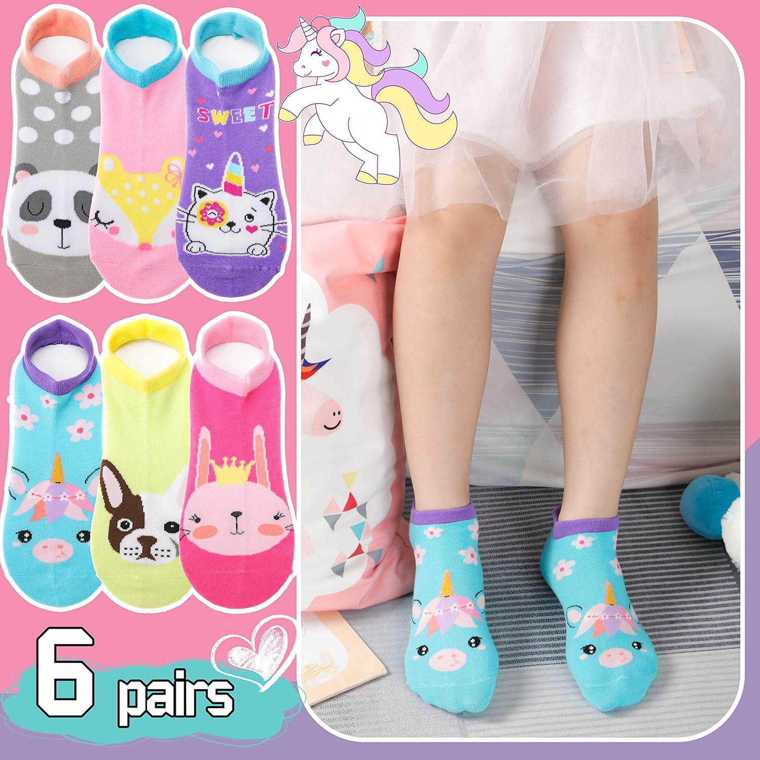 ANTSANG Kids Girls Toddler Unicorn Ankle Socks Cute Silly Cartoon No Show Funny Novelty Fashion Cotton Socks 6 Pairs - Image 3