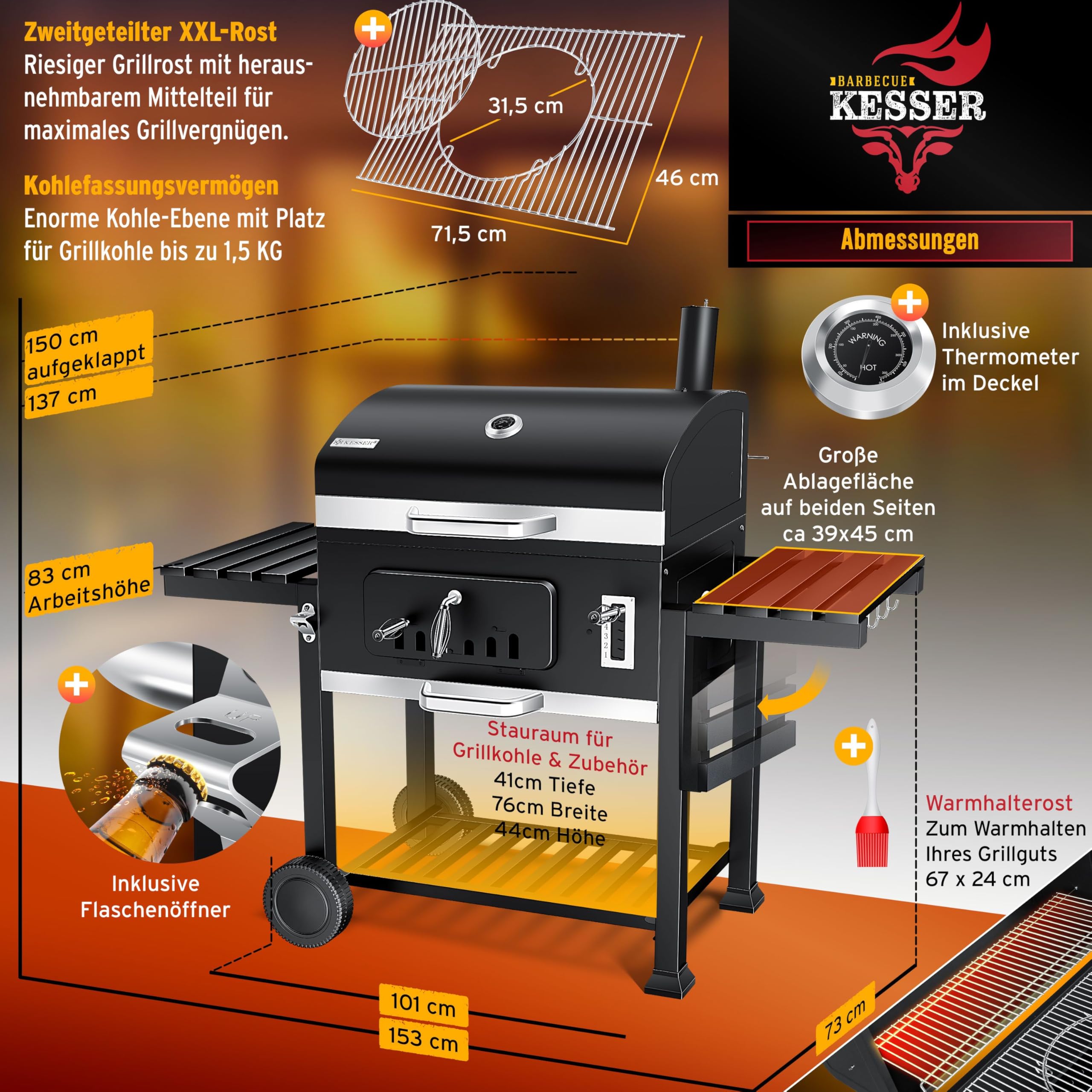 KESSER® Parilla de Carbón con Carrito Grill con Tapa, Ruedas, Mango de Acero Inoxidable | Barbacoa y Termómetro Carbón Grande BBQ Asador Camping, Terraza, Jardín XXL Negro