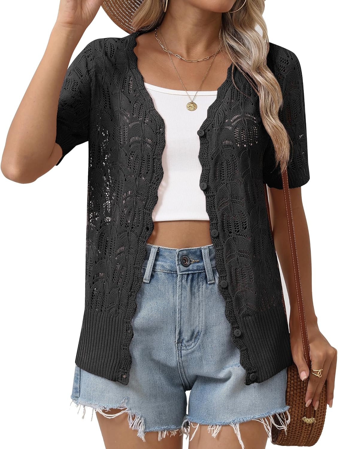 Zeagoo Women's Short Sleeve Summer Cardigan V-Neck Button up Lightweight Hollow Out Sweater Cardigans Shrug