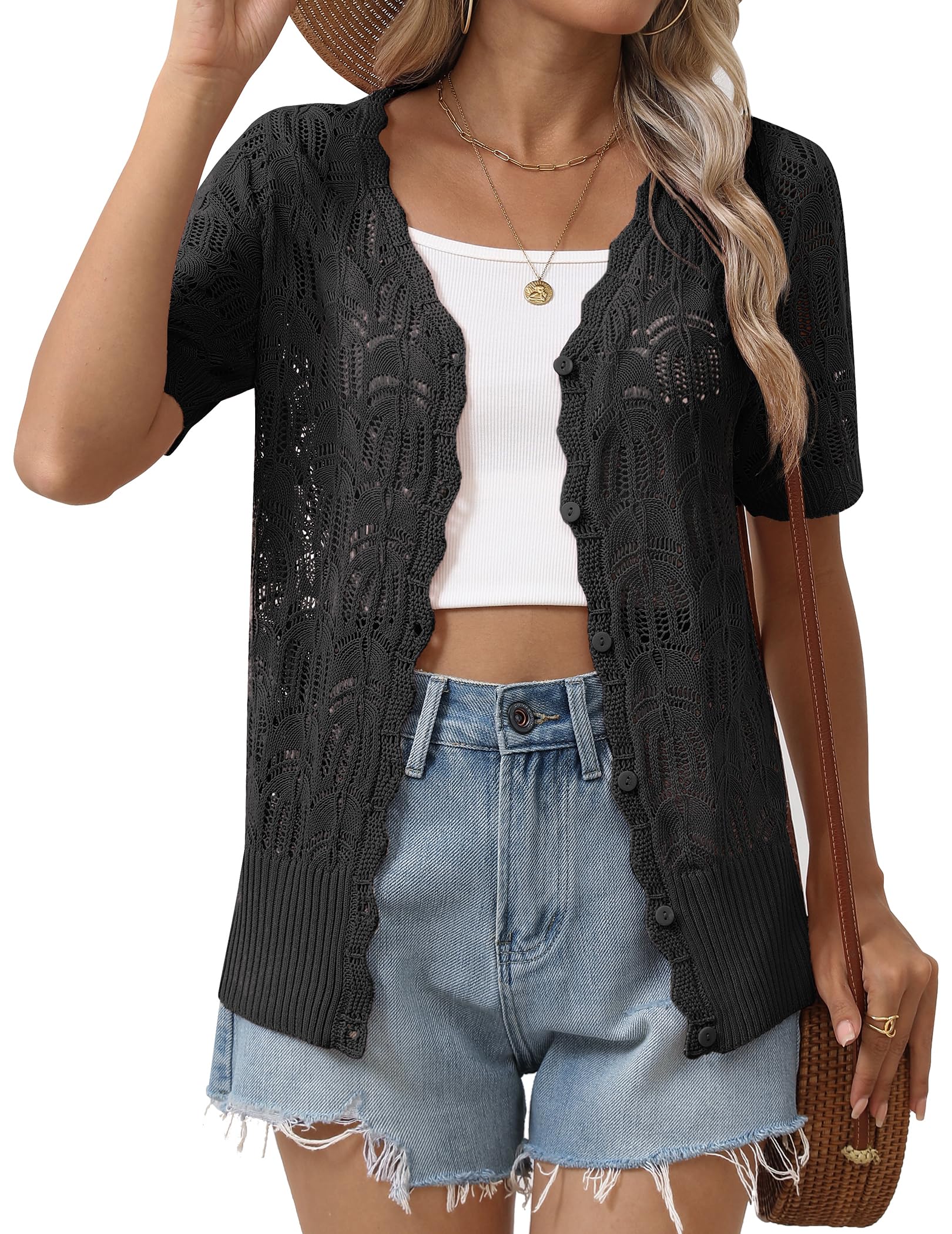 Zeagoo Cardigan estivo da donna a maniche corte, con scollo a V, con bottoni, leggero, traforato, cardigan coprispalle