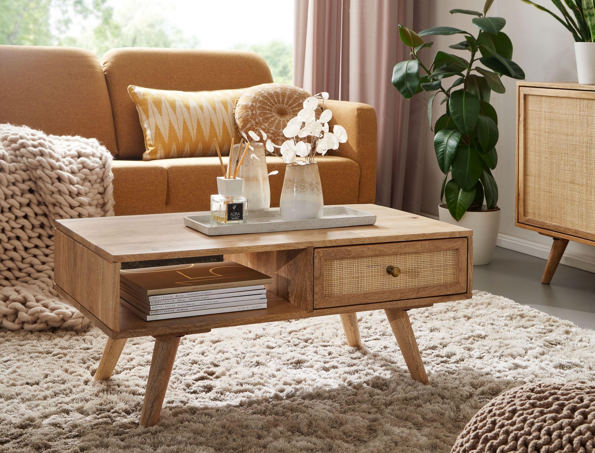 FineBuy Mesa de Centro 90x40x45 cm Mesa de salón de Madera Maciza de Mango Rectangular | Mesa de Madera con Espacio de Almacenamiento | Mesa de Centro con cajón | Mesa de salón Maciza