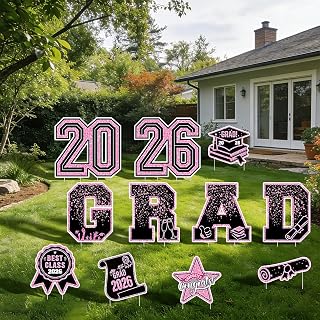 Graduation Yard Signs Class of 2026-11PCS Congrats Grad Lawn Decorations with Stakes,Graduation Decorations Yard Signs,Graduation Party Supplies, Large Outdoor Decor for High School & College (Pink)
