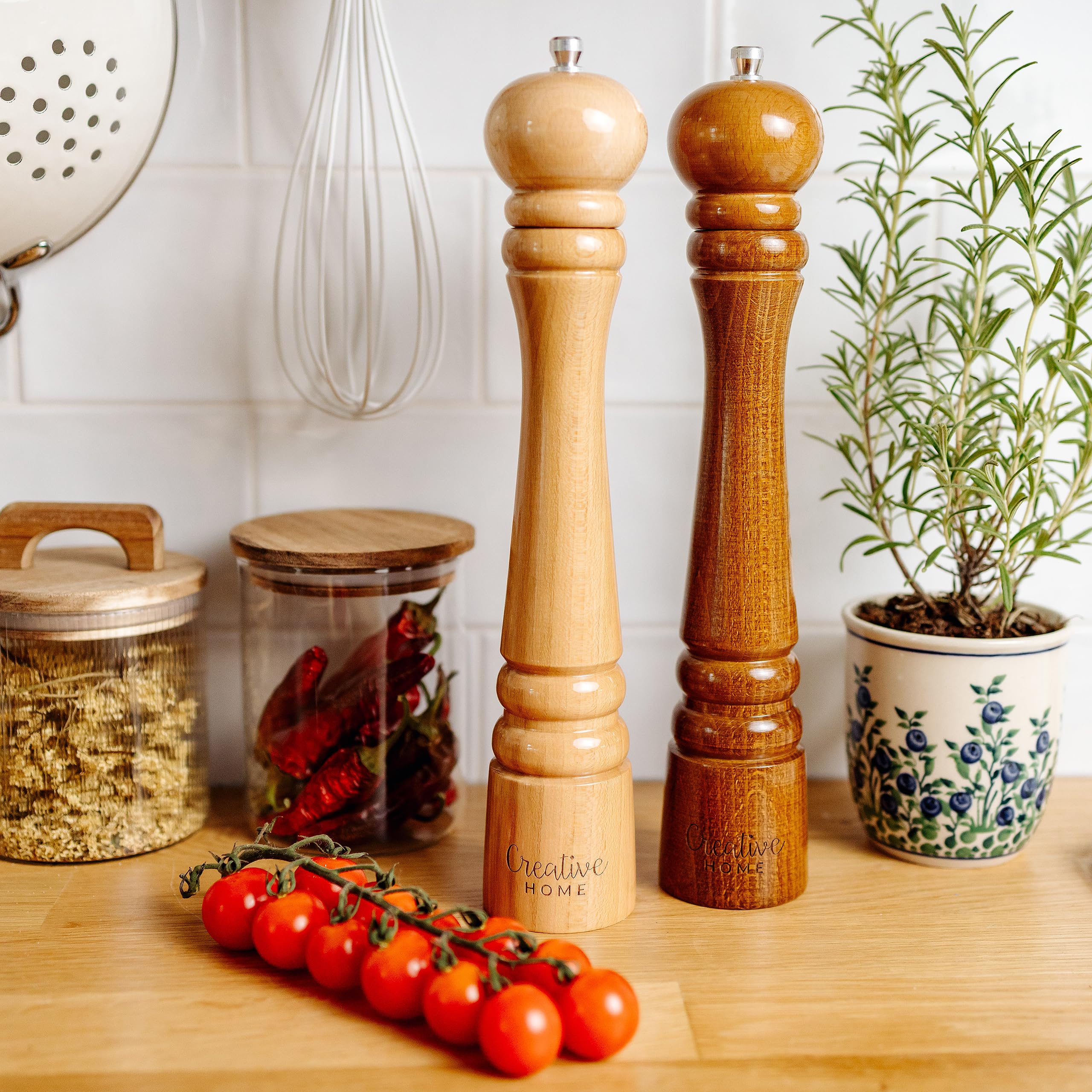 Creative Home Duo macinapepe e sale in legno | 2 macinini con mini cucchiaio | 31,5 cm Altezza | Faggio naturale | Meccanismo di macinazione manuale | Saliera e pepe