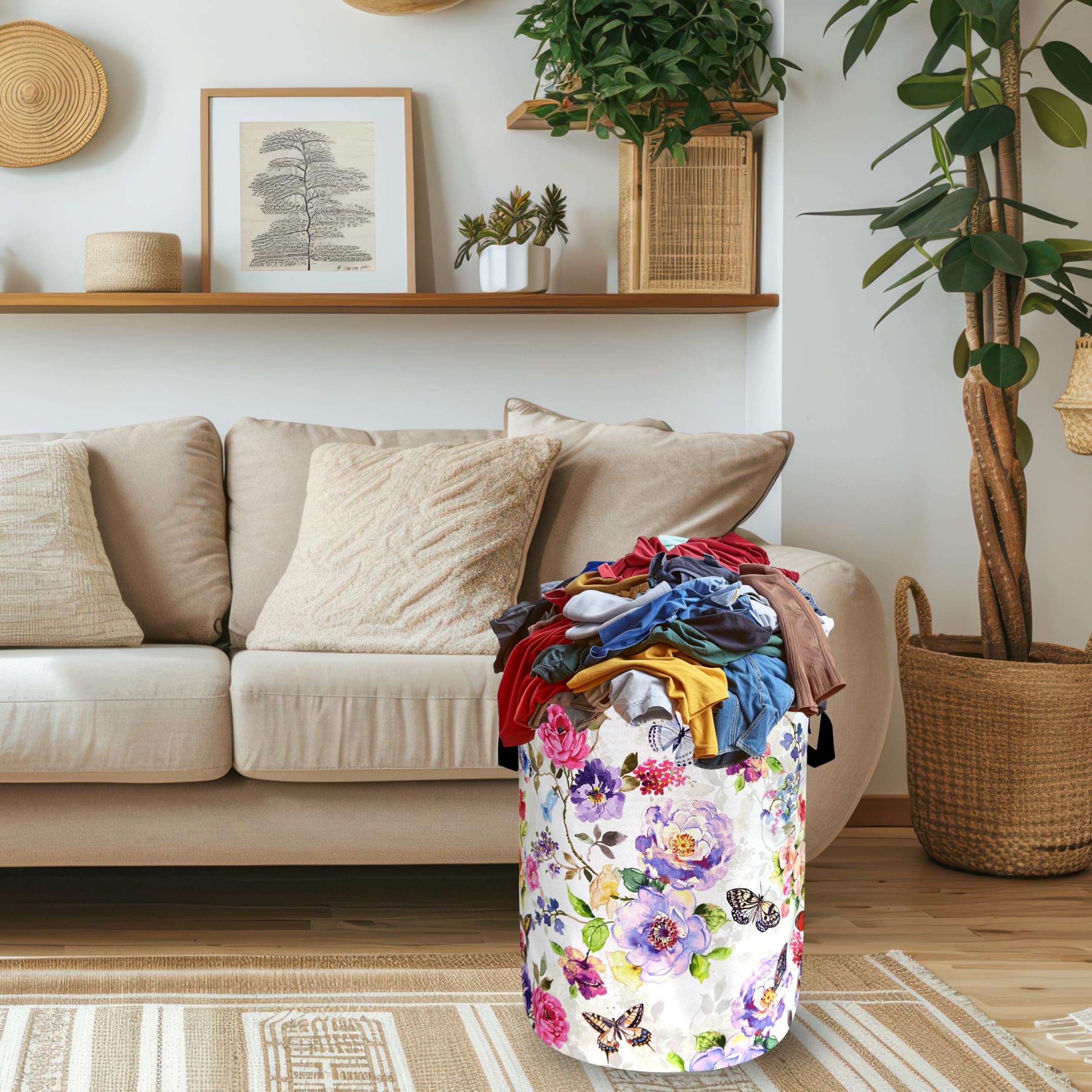 Beautiful Butterfly Floral Laundry Hamper Foldable Oxford Cloth Colorful Flowers Laundry Basket With Handle Portable Clothes Storage Basket Laundry Bag 18.9