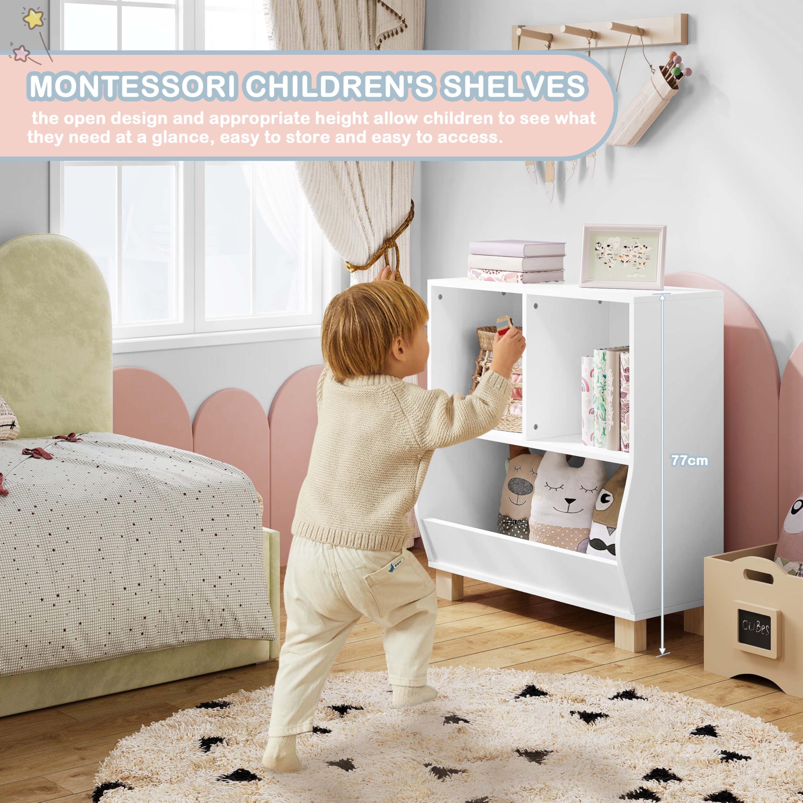Lestarain Bücherregal Kinder, Regal weiß mit 3 Fächern, Montessori Kinderregal, Spielzeugregal mit Holzbeinen, Standregal für Bücher Spielzeug Kinderzimmer, 71,5x77x34,5 cm