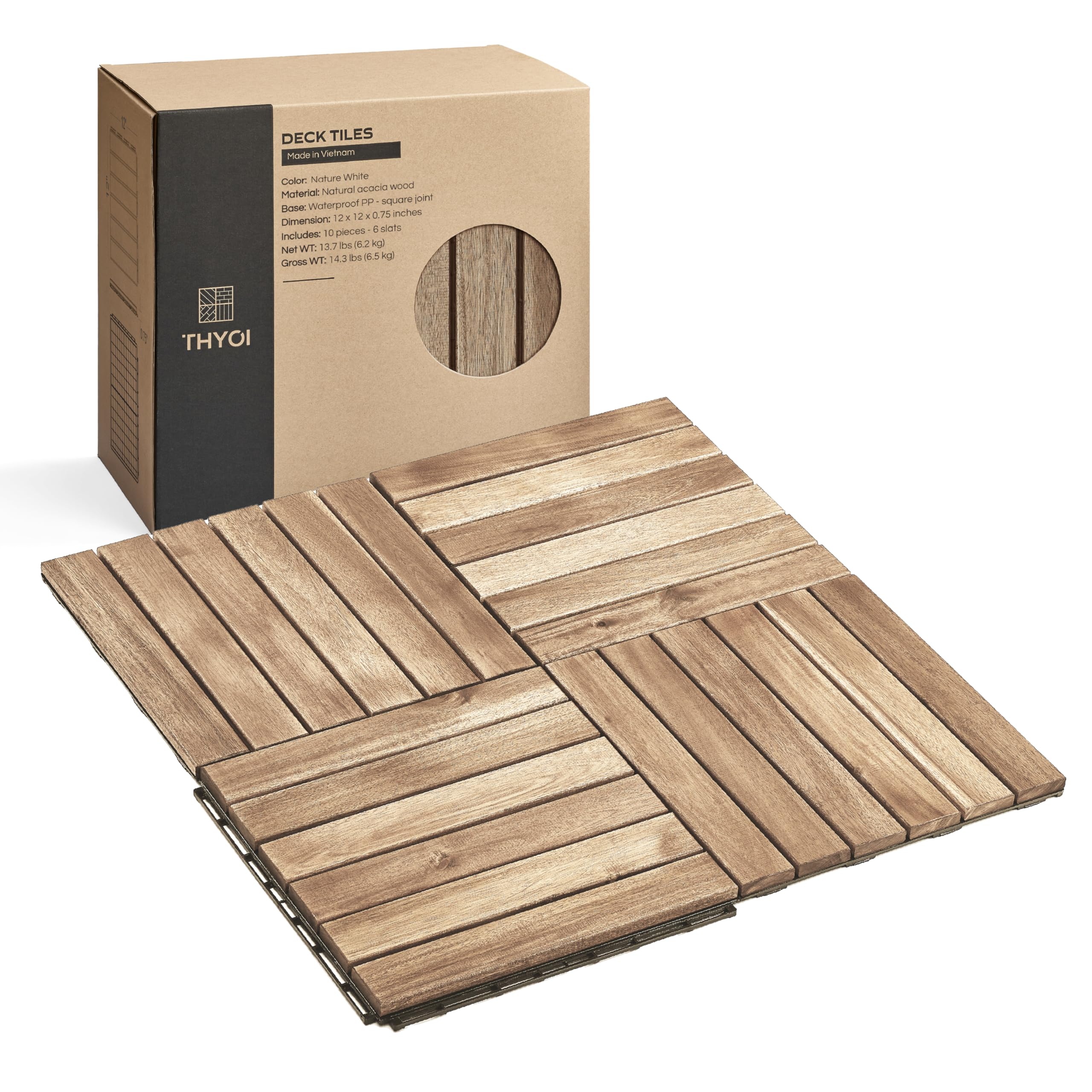 Photo 1 of ***MISSING SOME PIECES*** THYOI Premium Deck Tiles, Patio Flooring - Outdoor Waterproof Acacia Wood Tiles for All Weather Use - Balcony, Backyard, Indoor & Outdoor (Square Ft) (10, White, 6S)