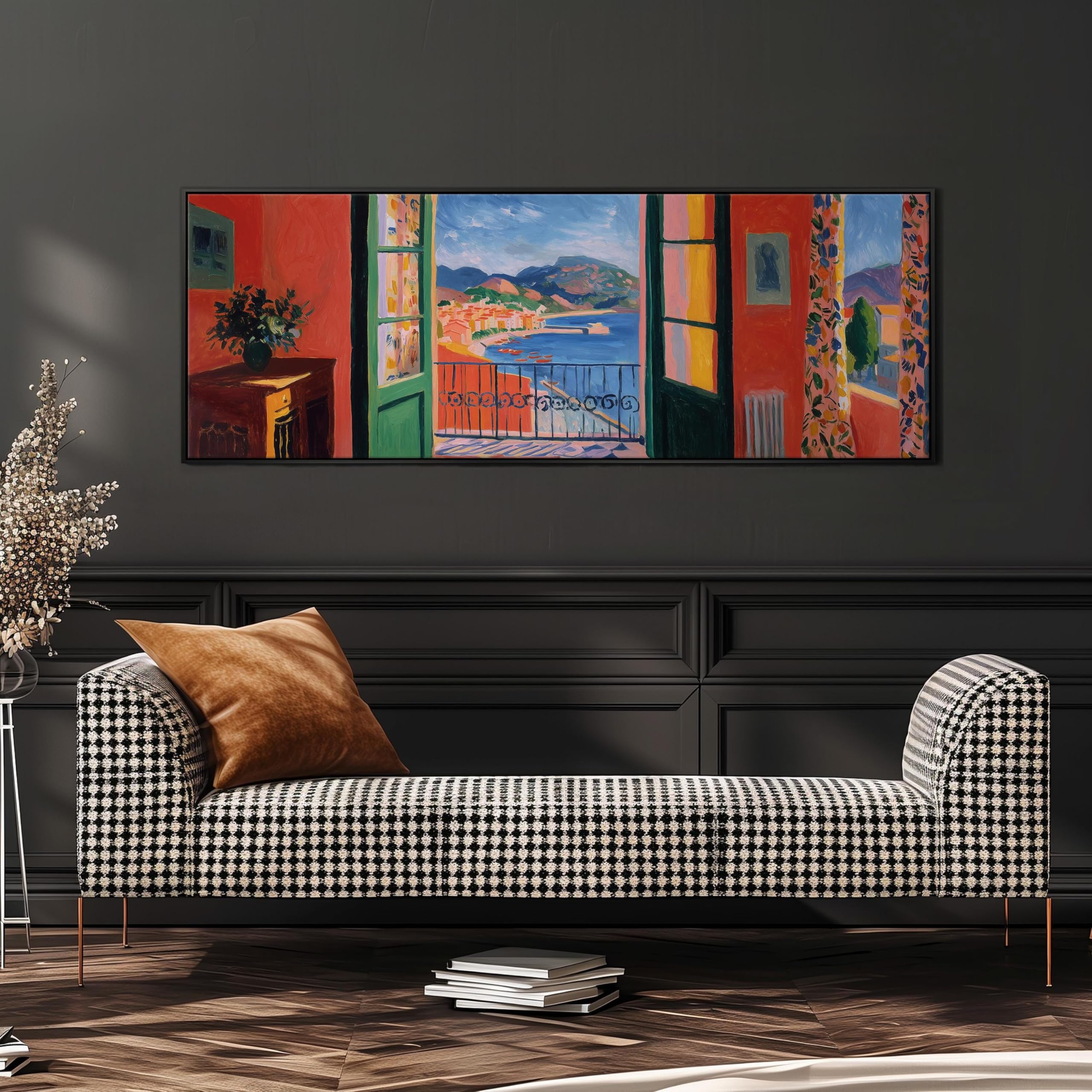 XBTYKPB Cuadro de Matisse con vista desde una ventana, lienzo panorámico ancho, obra horizontal alargada, Matisse de gran tamaño, decoración costera para sala de estar (45 x 135 cm, sin marco)