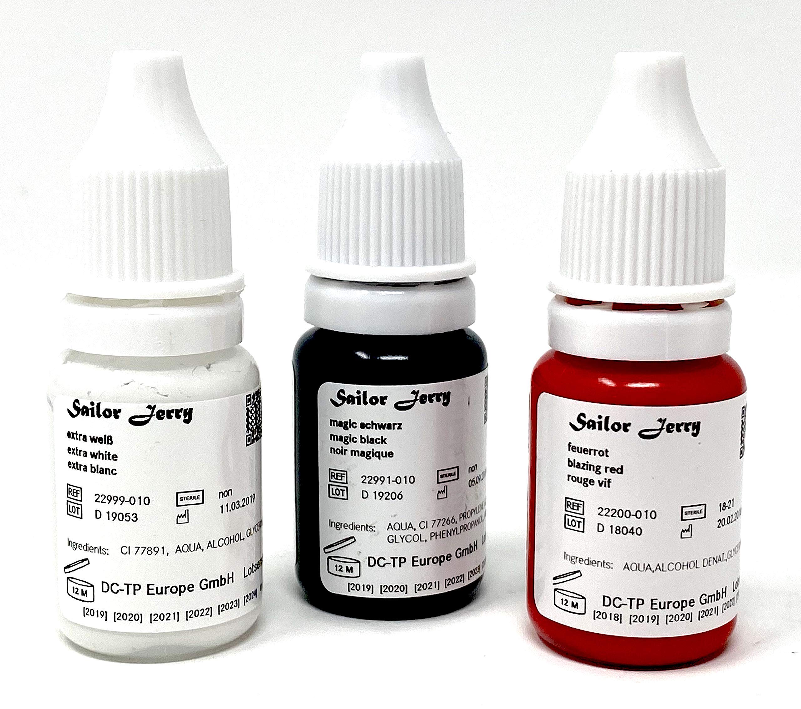 SAILOR JERRY - FARBSET wichtigste Farben - SCHWARZ - WEIß - ROT - vegan - deutsche Premium Tattoofarbe - 3x10ml - made in Germany - Zertifikat - INKgrafiX® - IG51325 Feuerrot Magic extra wihite black
