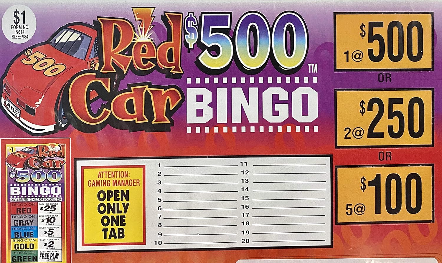 Red Car 500 Bingo Pull Tabs Game, Seal Card Toys & Games