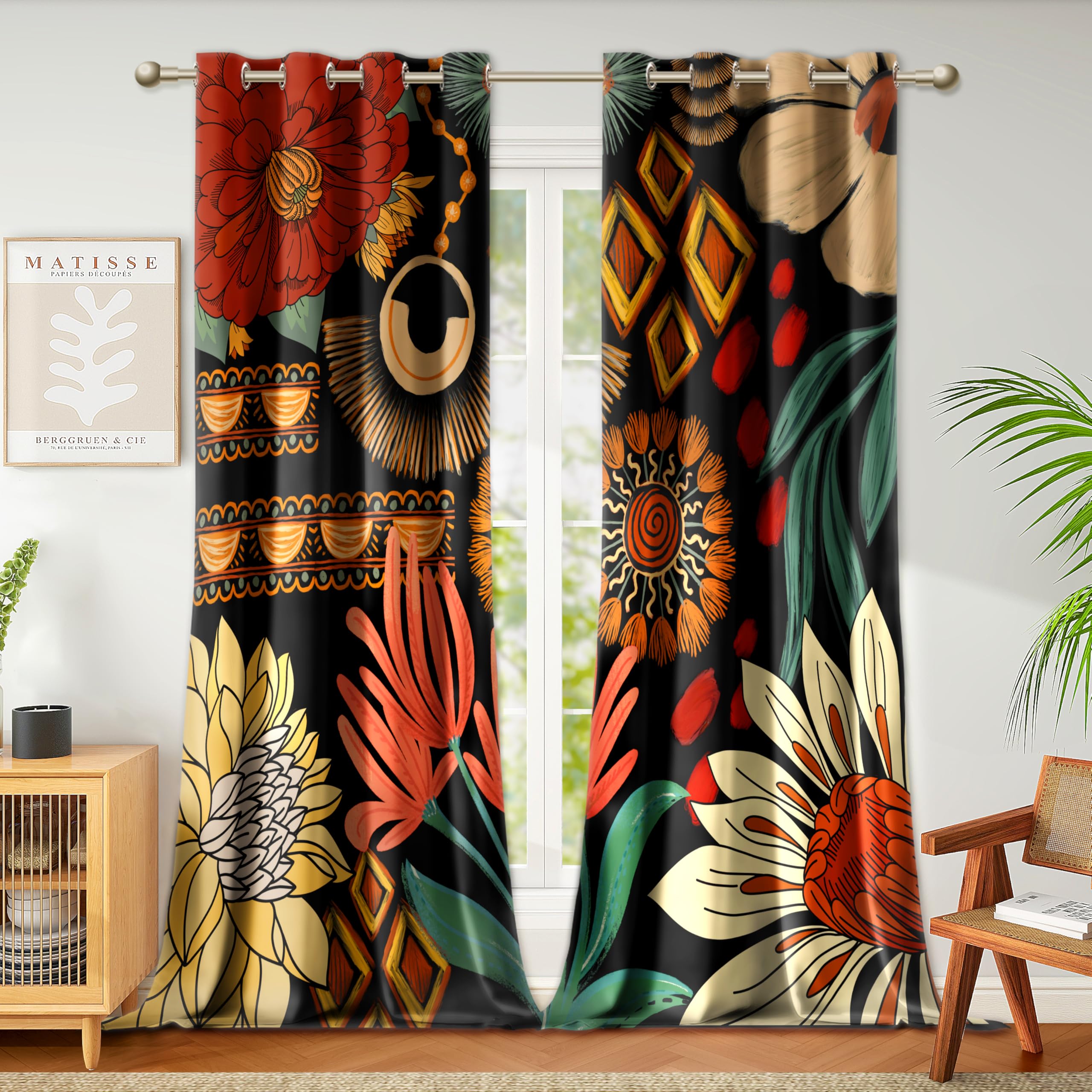 Tyrot 100% Blackout Black Boho Floral Curtains for Living Room 108 inch Extra Long 2 Panels Mid Century Botanical Black Out Curtains for Bedroom