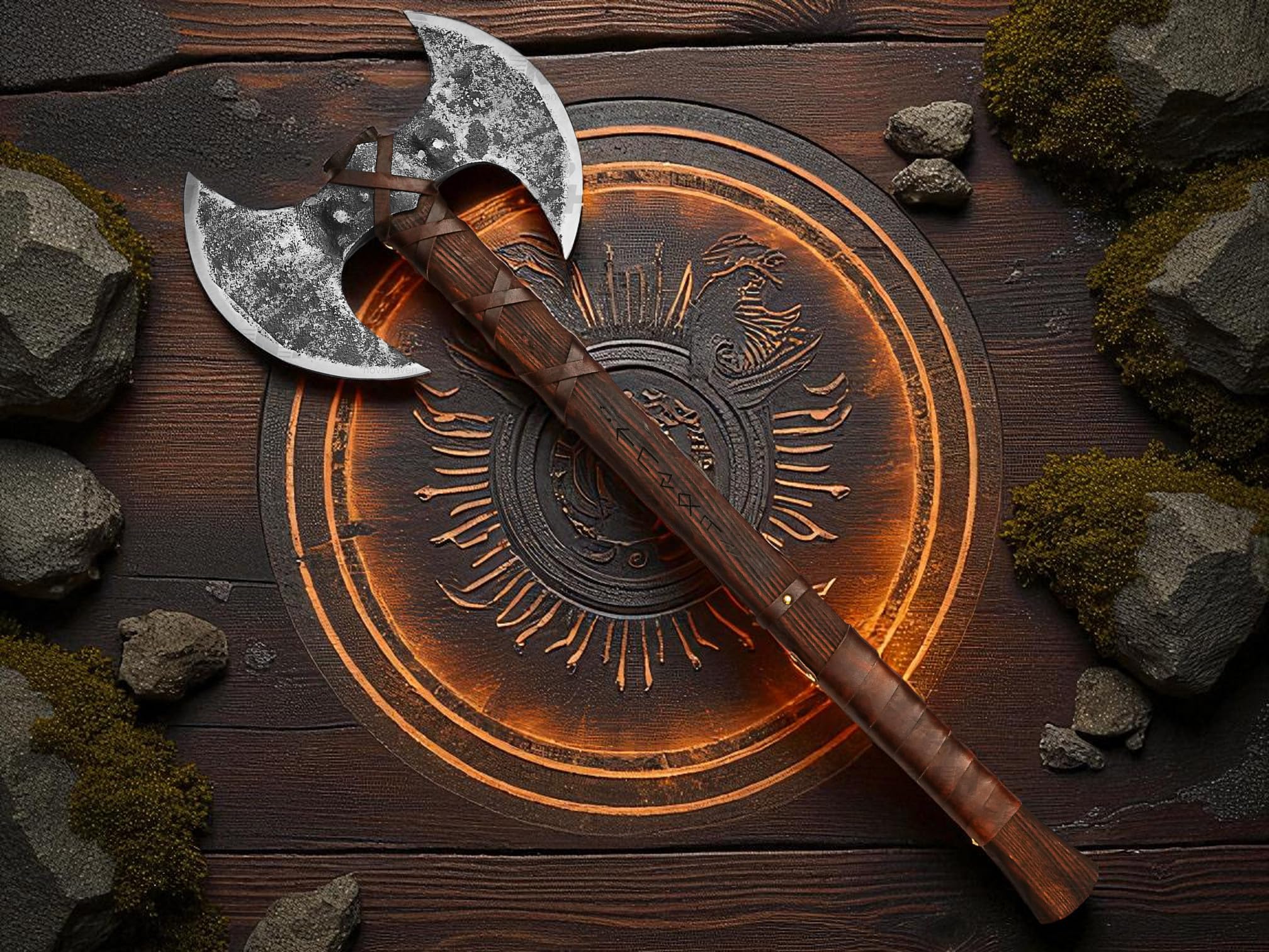 Novahaven Hacha Vikinga de Doble Hoja Forjada a Mano en Acero al Carbono con Mango de Fresno, Regalo para Amantes de Hachas y de Historia